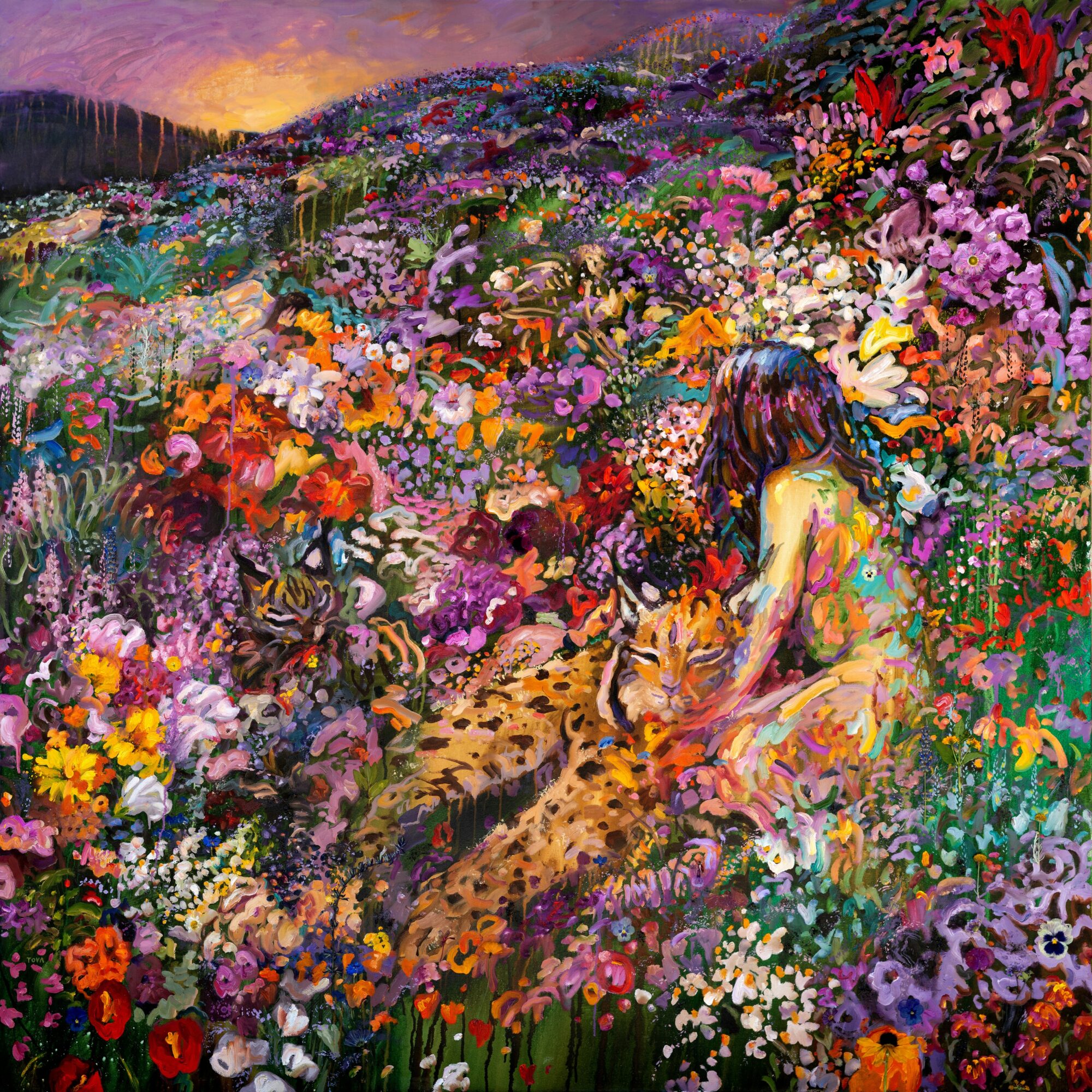 Girl sitting with a tiger in a colorful flower-filled landscape at sunset, surrounded by vibrant flowers and lush scenery.