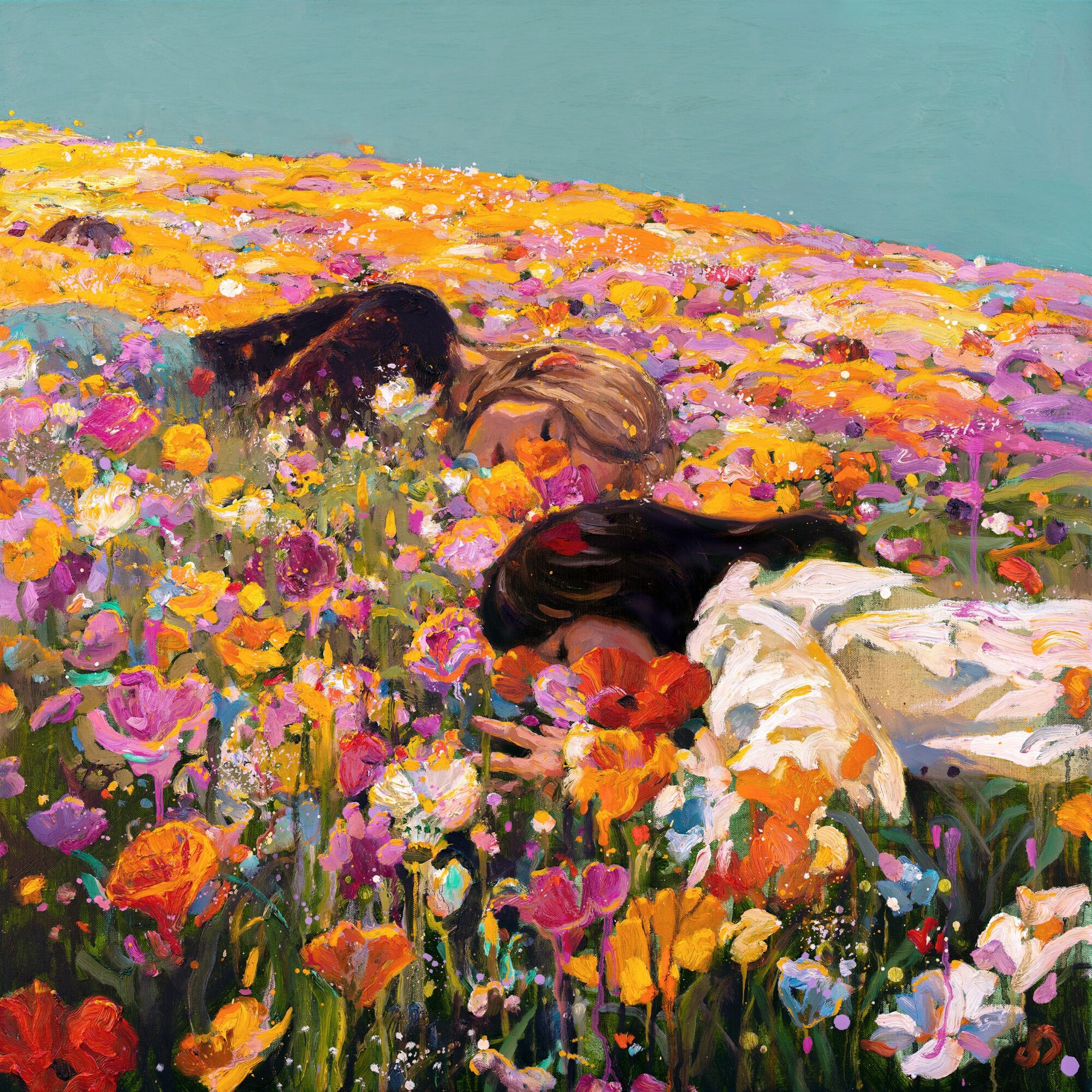 Two women in a colorful flower field, one bending down and the other reaching out, under a blue sky.