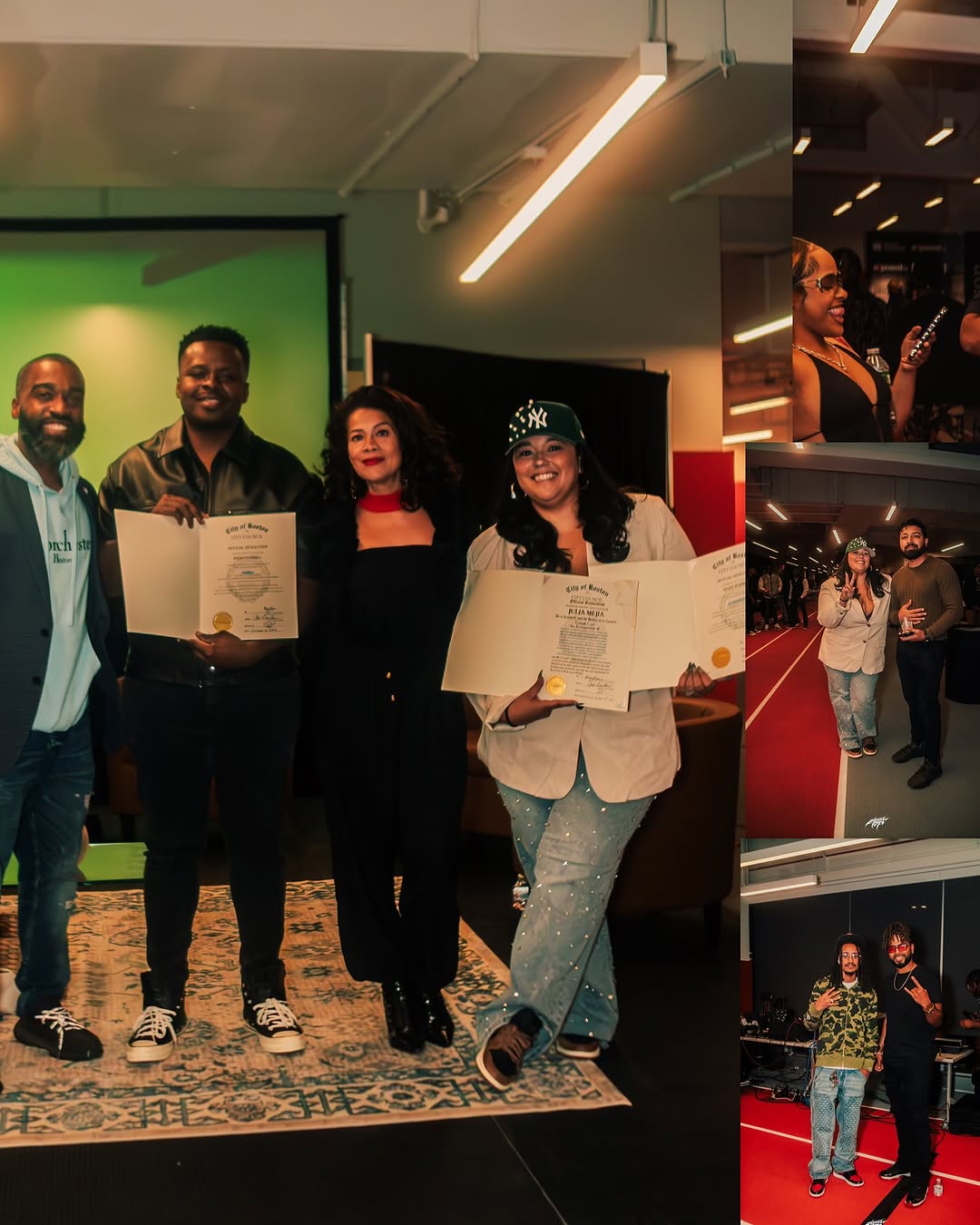Group of four people standing indoors, two holding certificates, with a green screen background and modern lighting.