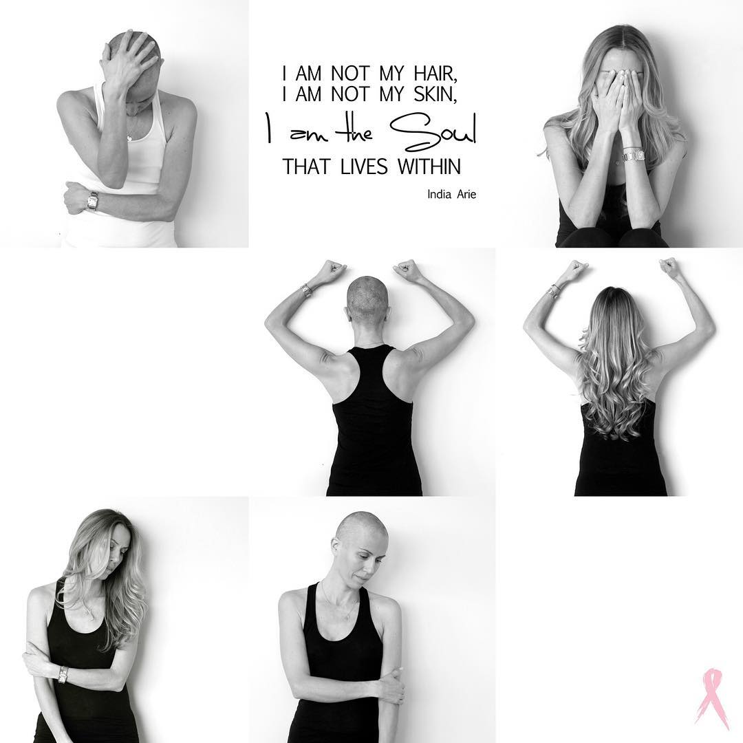 Six black-and-white images of women in various poses, with a quote about inner strength and a pink ribbon symbol.