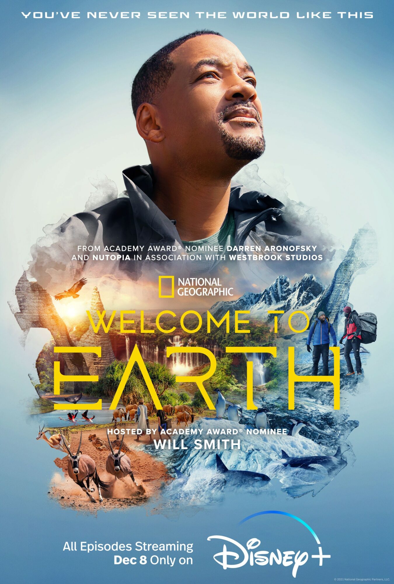 Man looking up with a snowy mountain landscape and animals in the background, promotional poster for Disney+ series 'Welcome to Earth'.