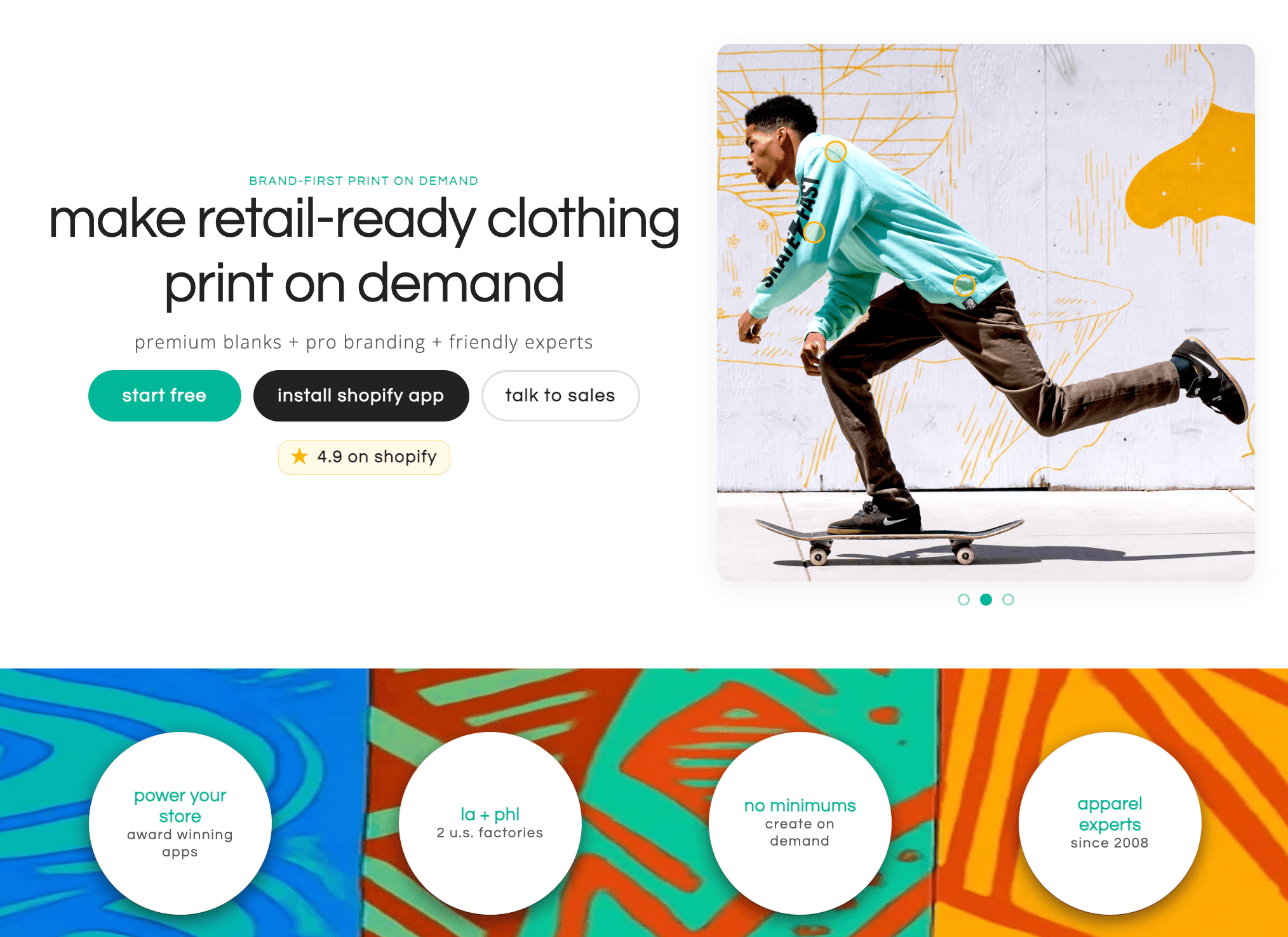 Two images: one promoting retail clothing with text and icons, and another of a person skateboarding indoors, colorful background.