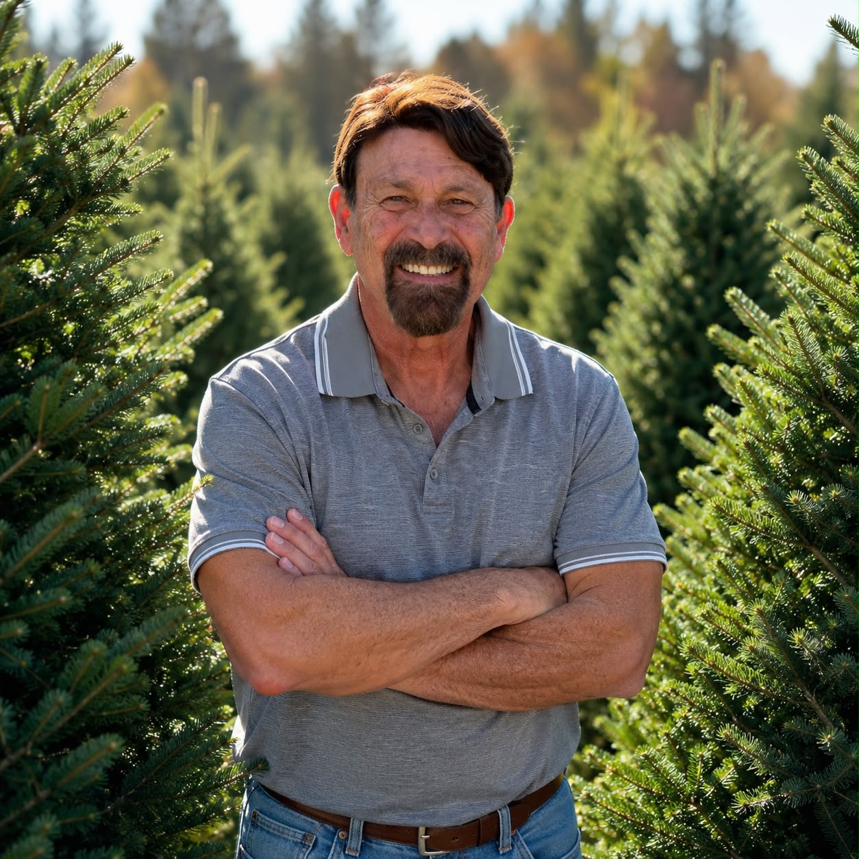 Man with crossed arms smiling outdoors among Christmas trees, wearing a gray polo shirt, in a forested area.
