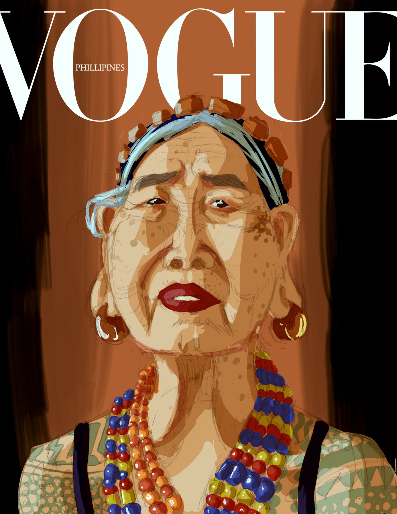 Portrait of an elderly woman with glasses, earrings, colorful necklaces, and patterned clothing, on a brown background.