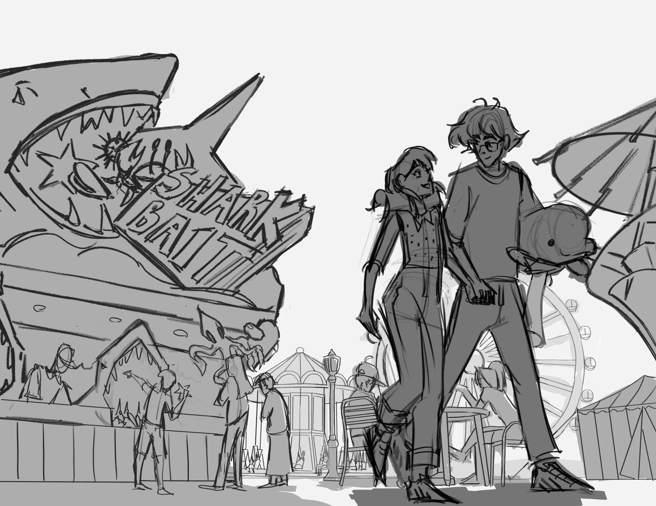 A couple walks holding hands at an amusement park with a large shark ride and Ferris wheel in background.
