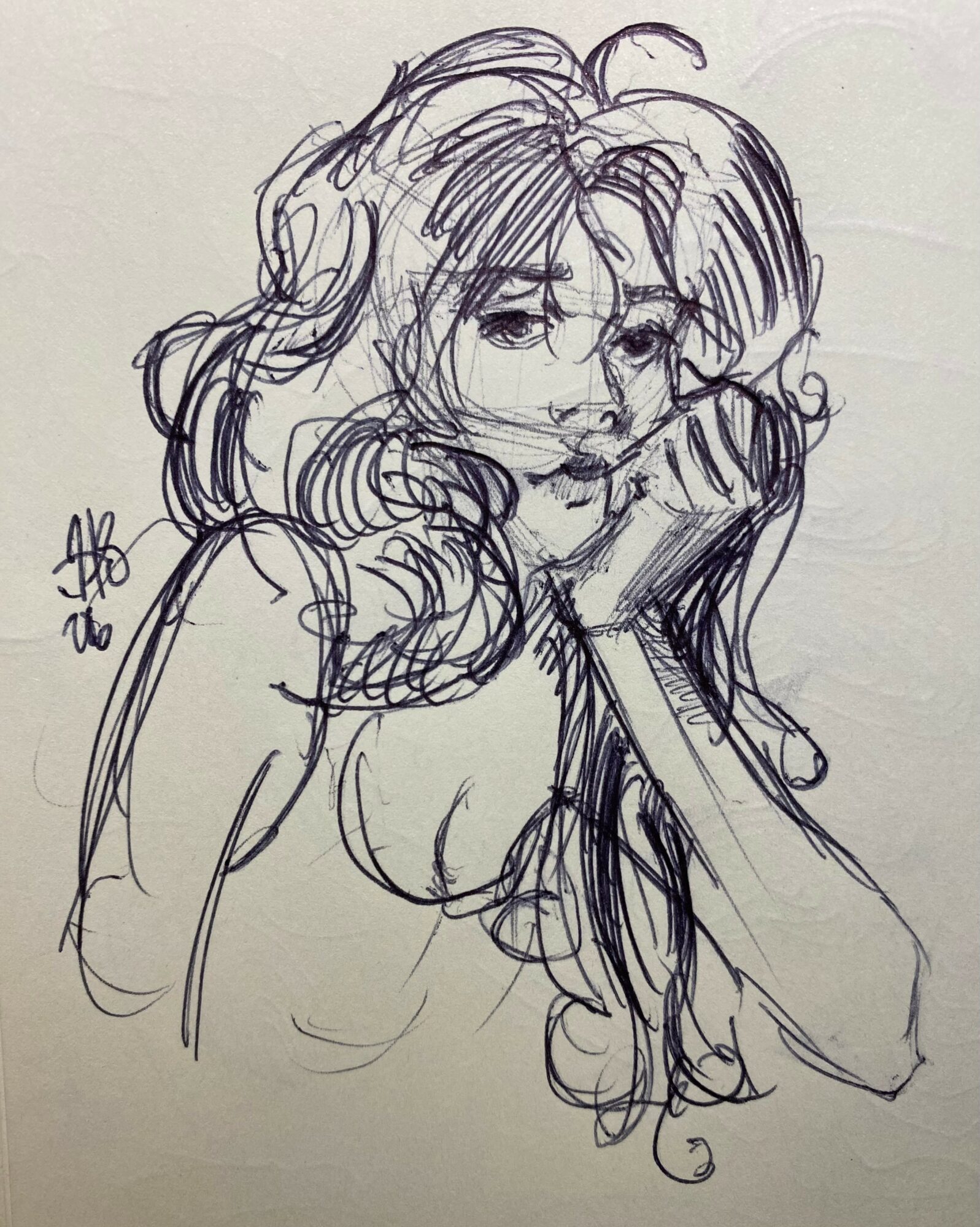 Sketch of a woman with long, wavy hair resting her chin on her hand, looking contemplative.
