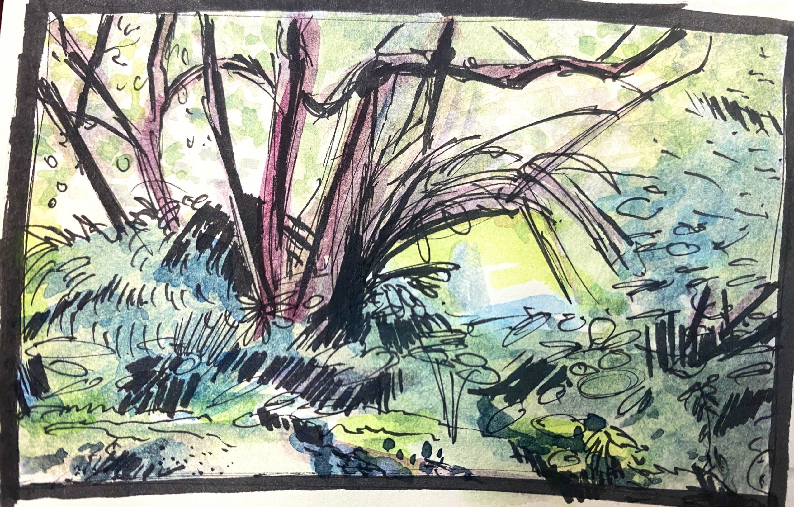 A watercolor painting of a landscape with trees, bushes, and a body of water, using soft colors and loose brushstrokes.