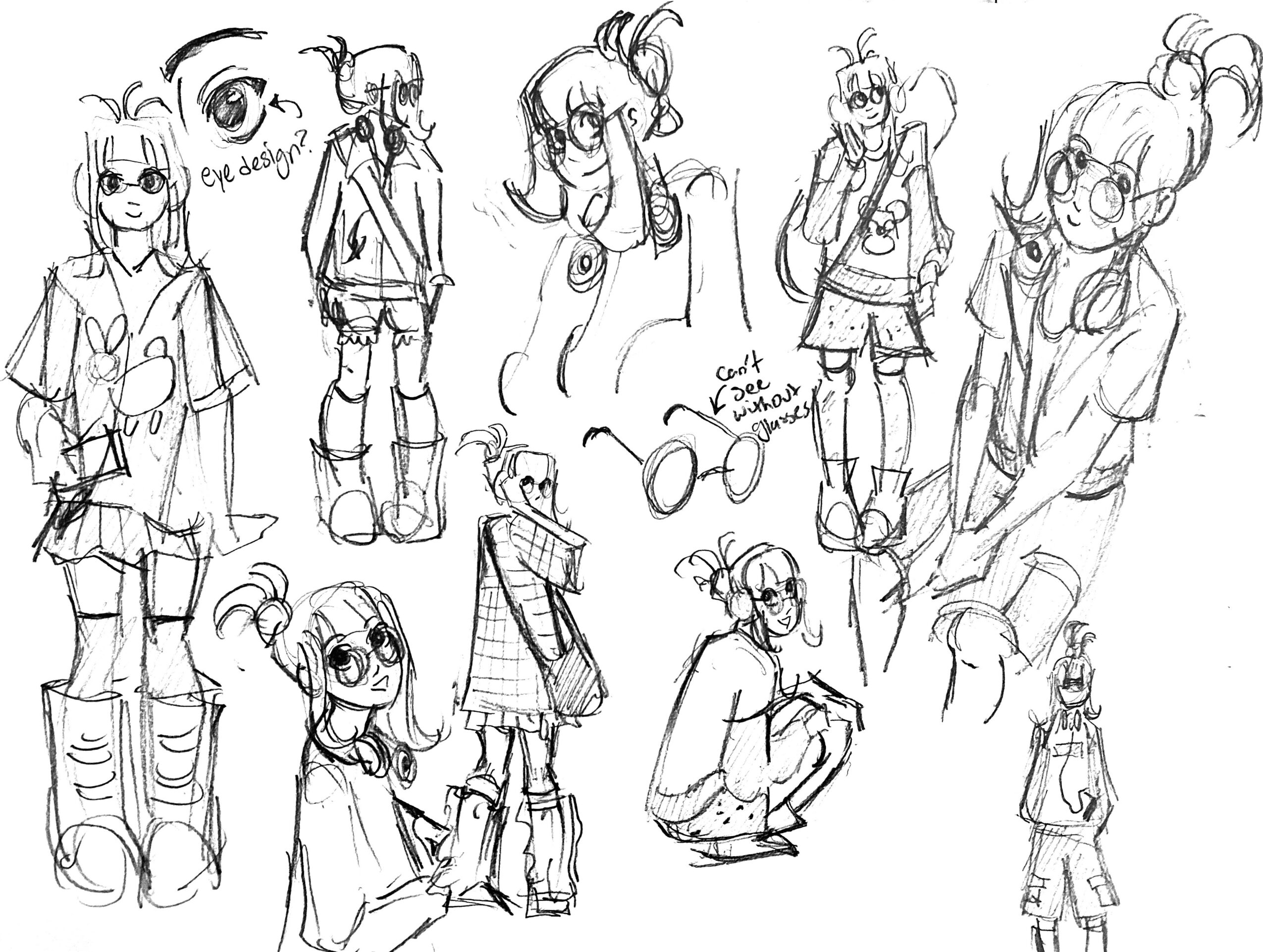 Collection of hand-drawn sketches of a girl with glasses, various poses, expressions, and outfits, some with notes. Word count: 27.
