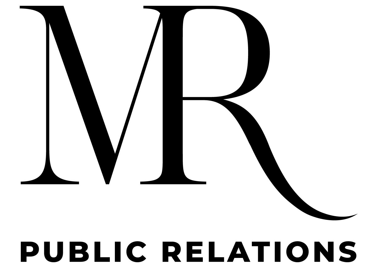 Logo with large stylized letters 'MR' and text 'Public Relations' below, in black and white.