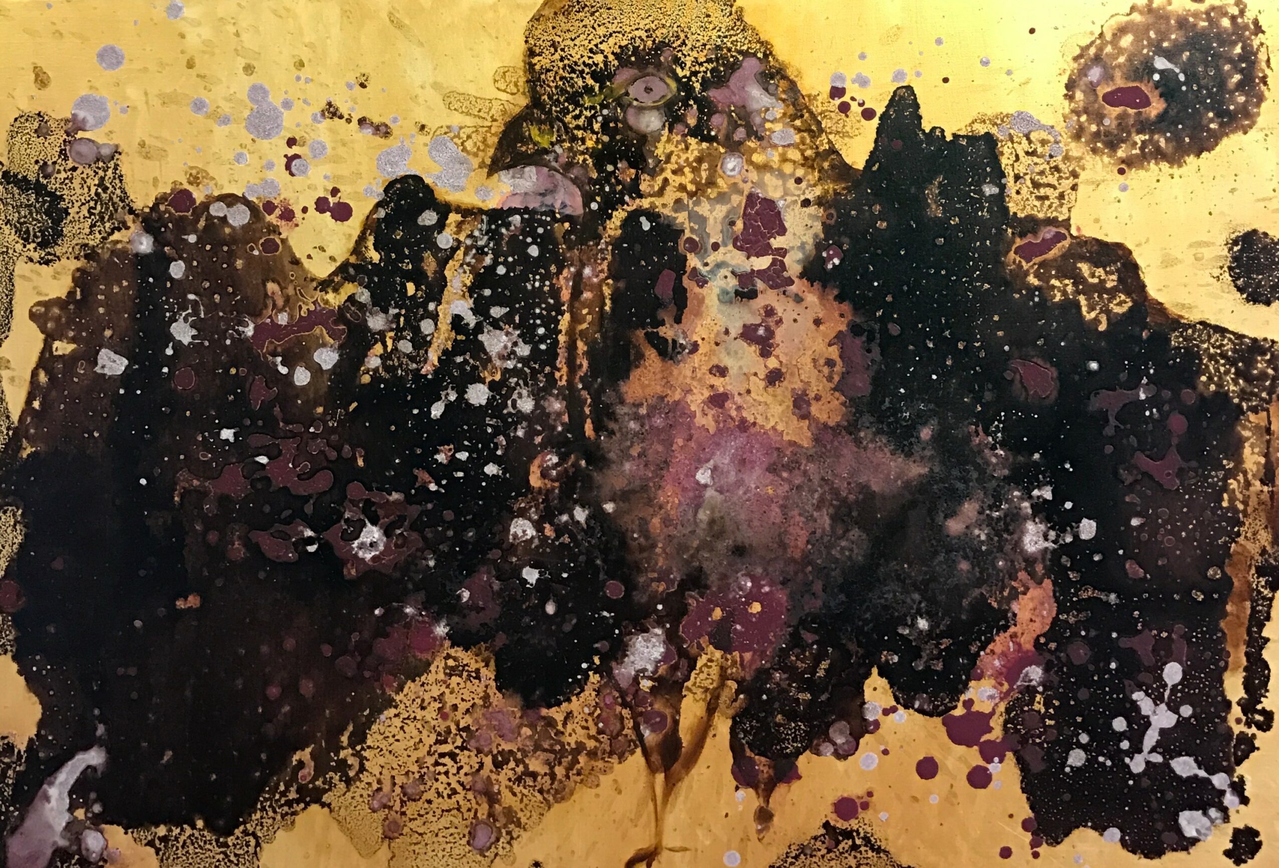 Abstract painting with black, purple, and gold splashes and drips on a yellow background.
