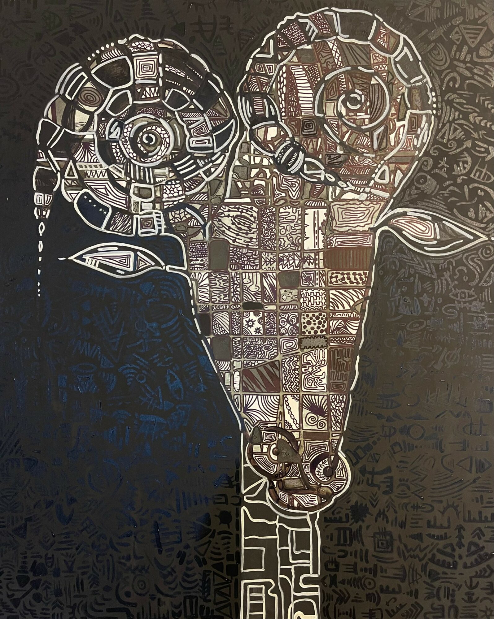 Stylized drawing of a ram's head with intricate geometric patterns and designs, set against a dark background.