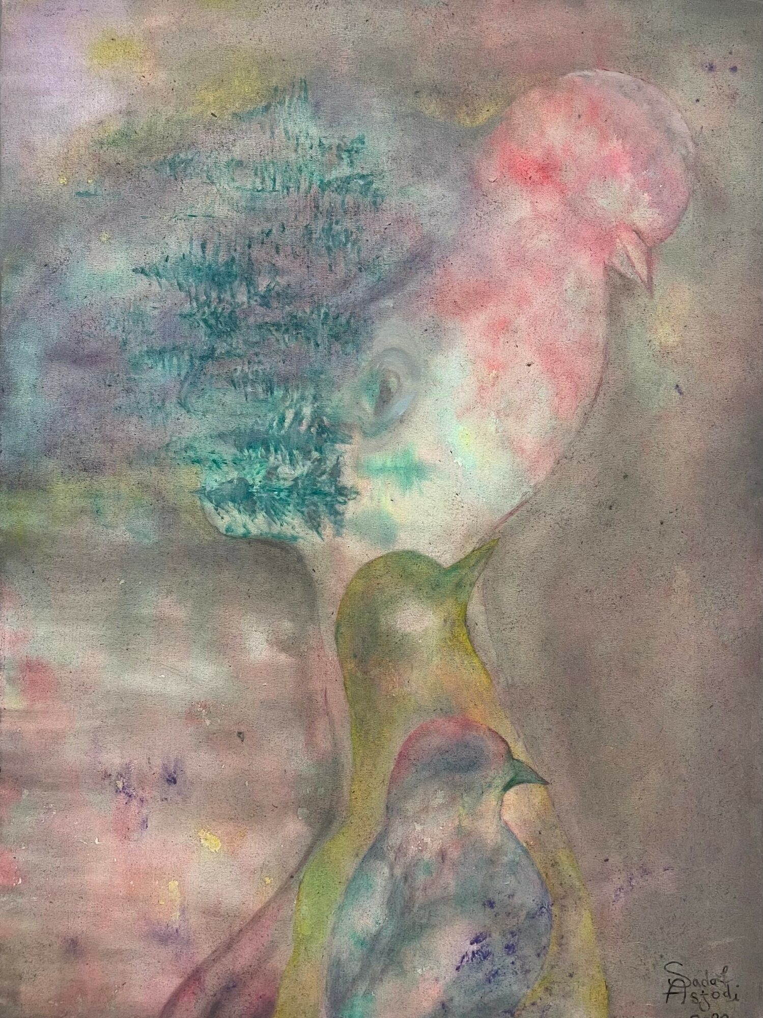 Abstract painting with soft pastel colors, featuring a large pink shape and a smaller greenish form, with textured background.