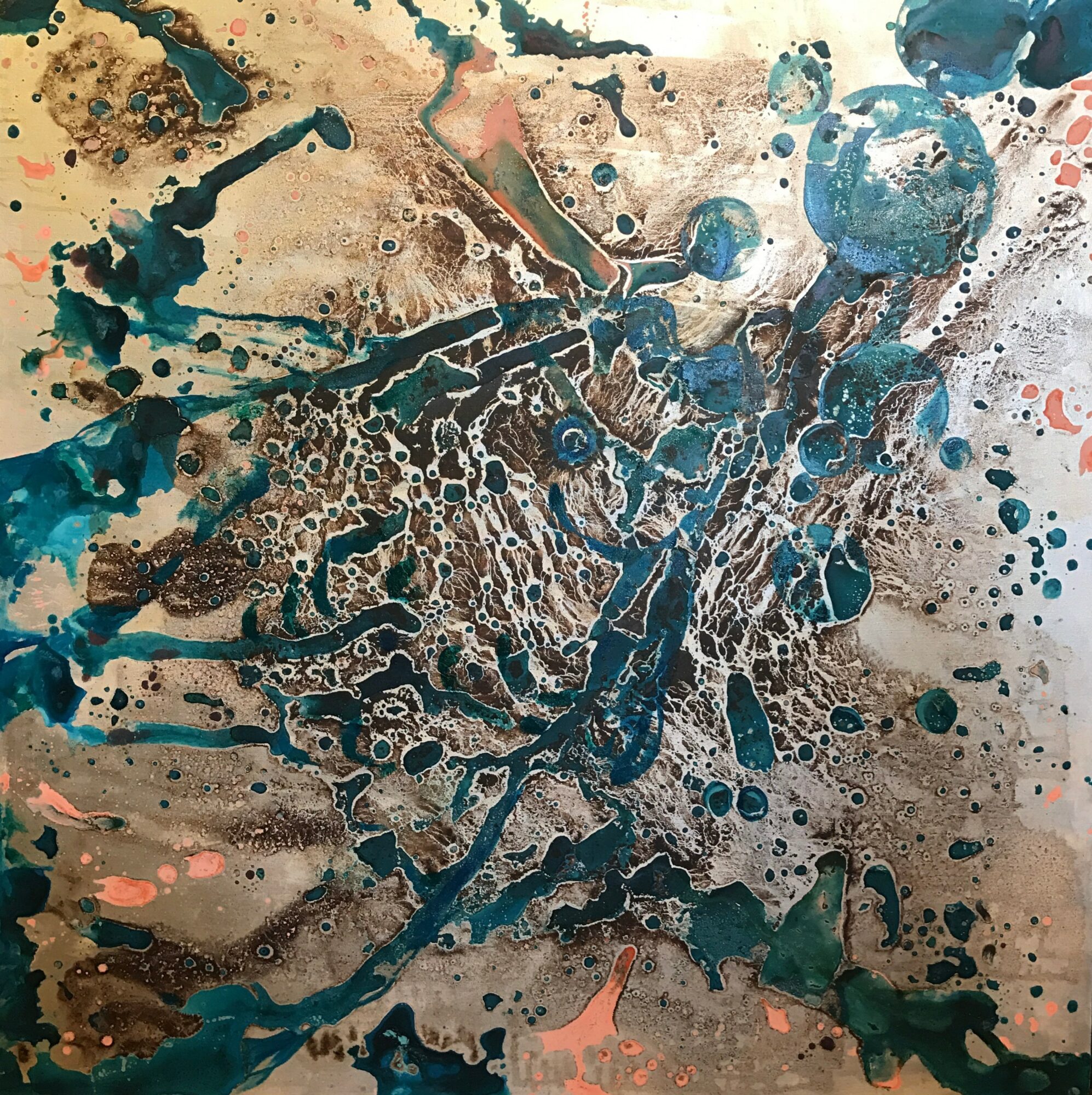 Abstract painting with blue, beige, and pink splashes and patterns on a beige background.