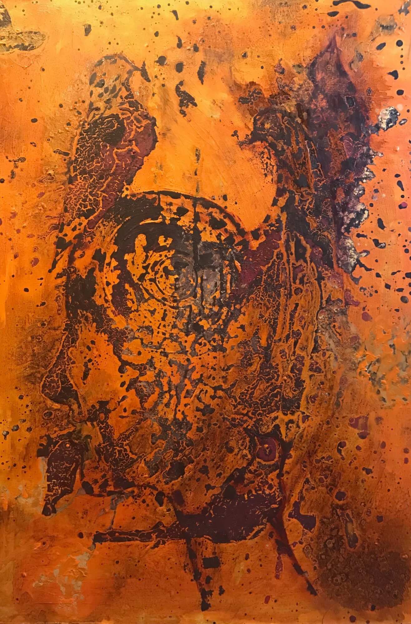 Abstract portrait with orange and dark brown colors, featuring a face with expressive brushstrokes and splatters.