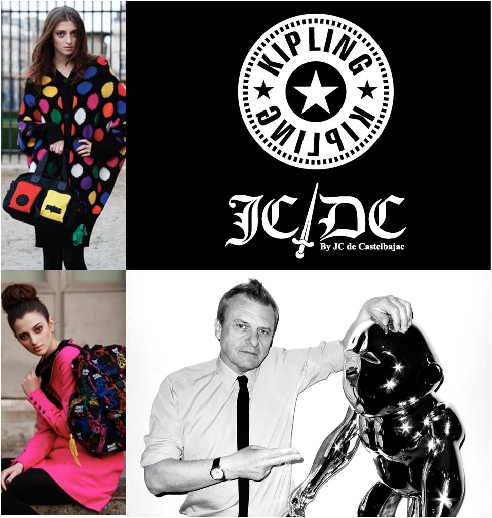 Top left: woman in colorful polka dot coat holding a bag. Bottom left: woman in pink dress with backpack. Top right: black and white logo with star. Bottom right: man in white shirt pointing at a shiny robot.