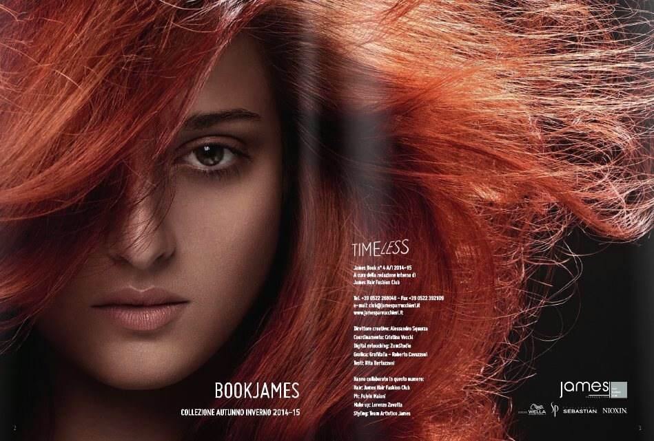 Close-up of a woman with red hair covering part of her face, looking at the camera, with text on the right side.