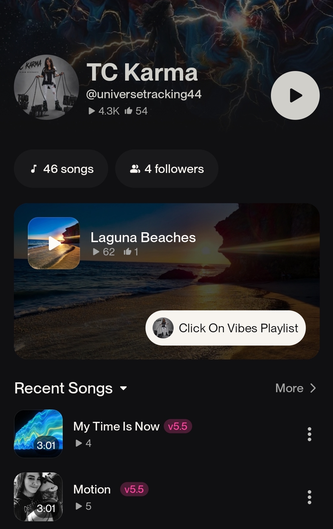 Screenshot of a music streaming app showing playlist and recent songs, with a beach image background.