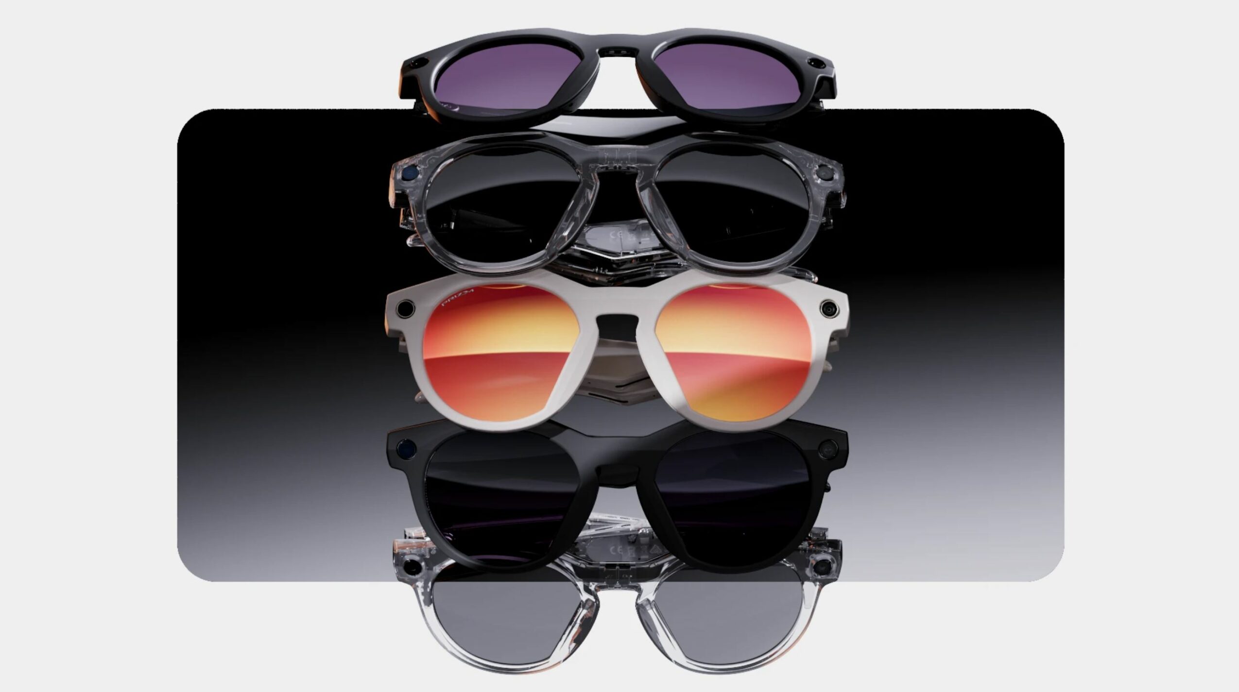 Three pairs of sunglasses stacked on a reflective surface with a gradient background.