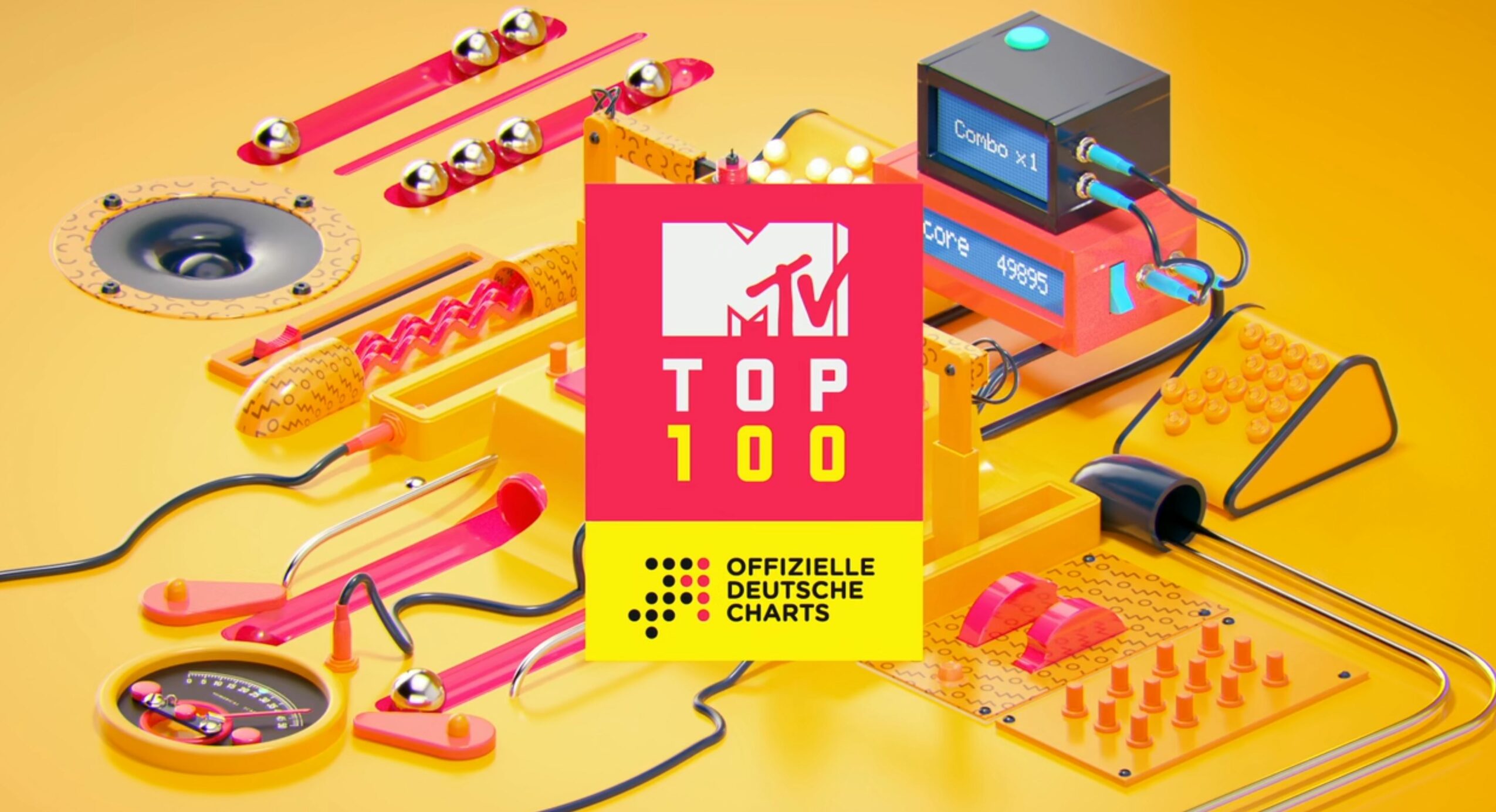 Colorful electronic music equipment and a MTV Top 100 logo on a yellow background.