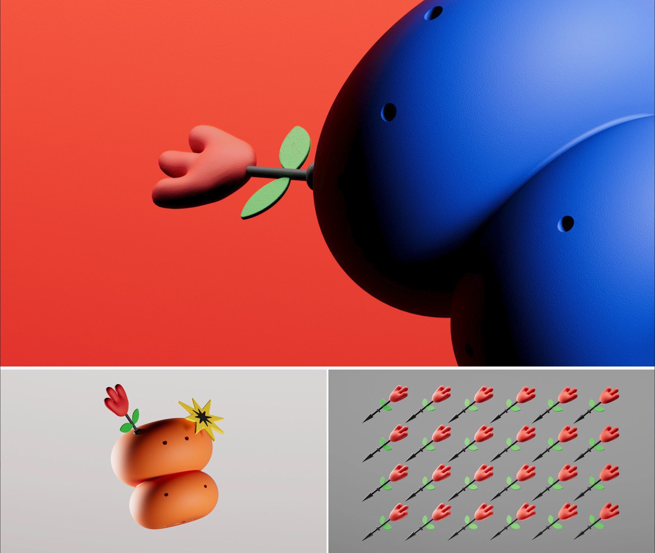 Three cartoon objects: a blue whale with a flower in its mouth, a smiling potato with a flower, and a pattern of red flowers with green stems.