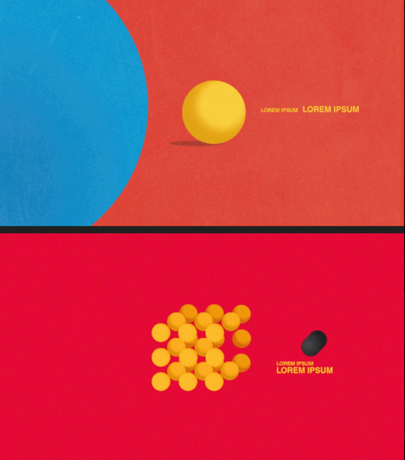 Two abstract shapes, a large blue circle and a smaller yellow sphere, on a red background with text. Word count: 20