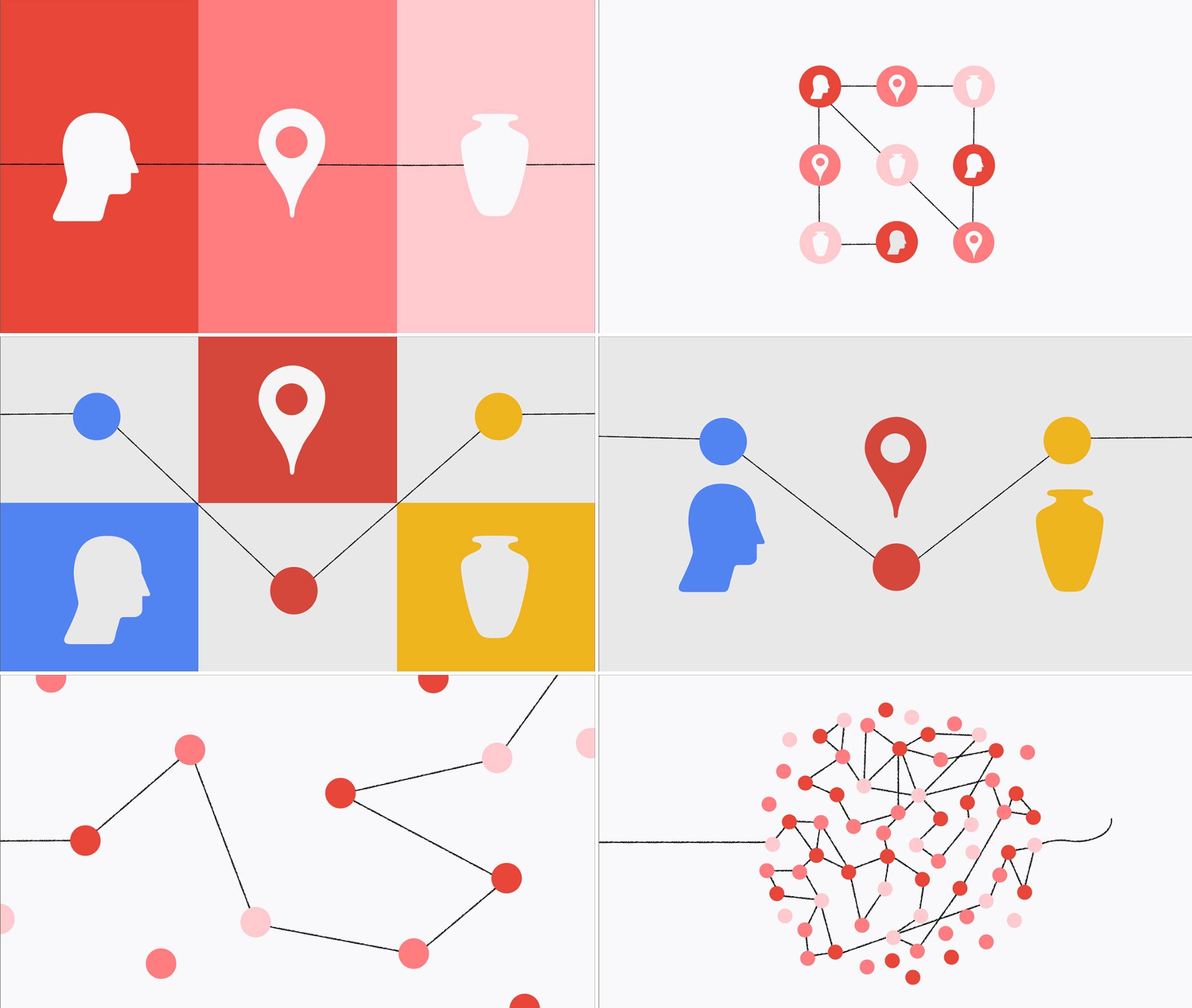 Grid of six images with icons, diagrams, and network illustrations, including a person's profile, location pins, and connected nodes.