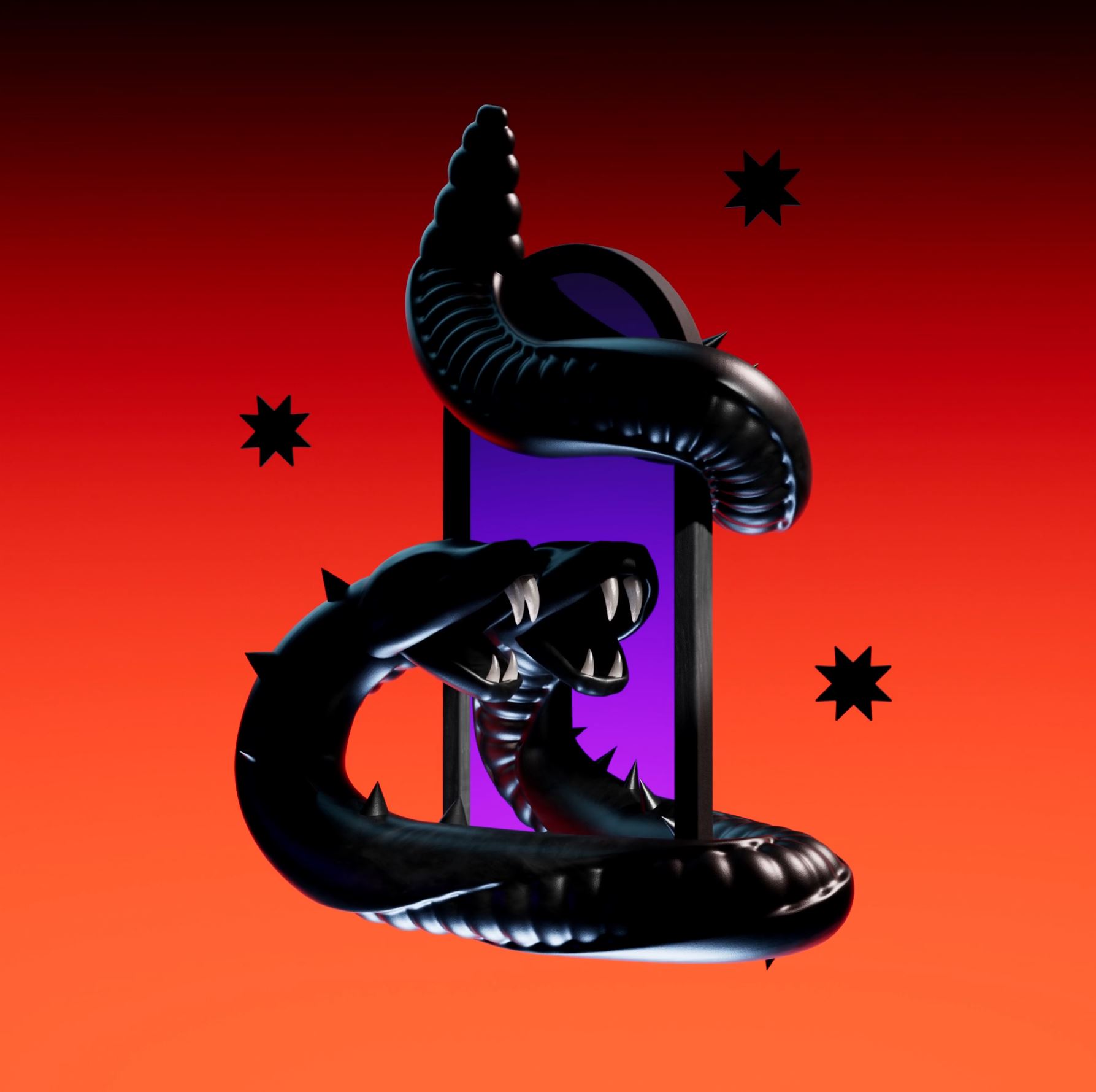 Black snake coiled around a purple and black object with a red gradient background and black star shapes.