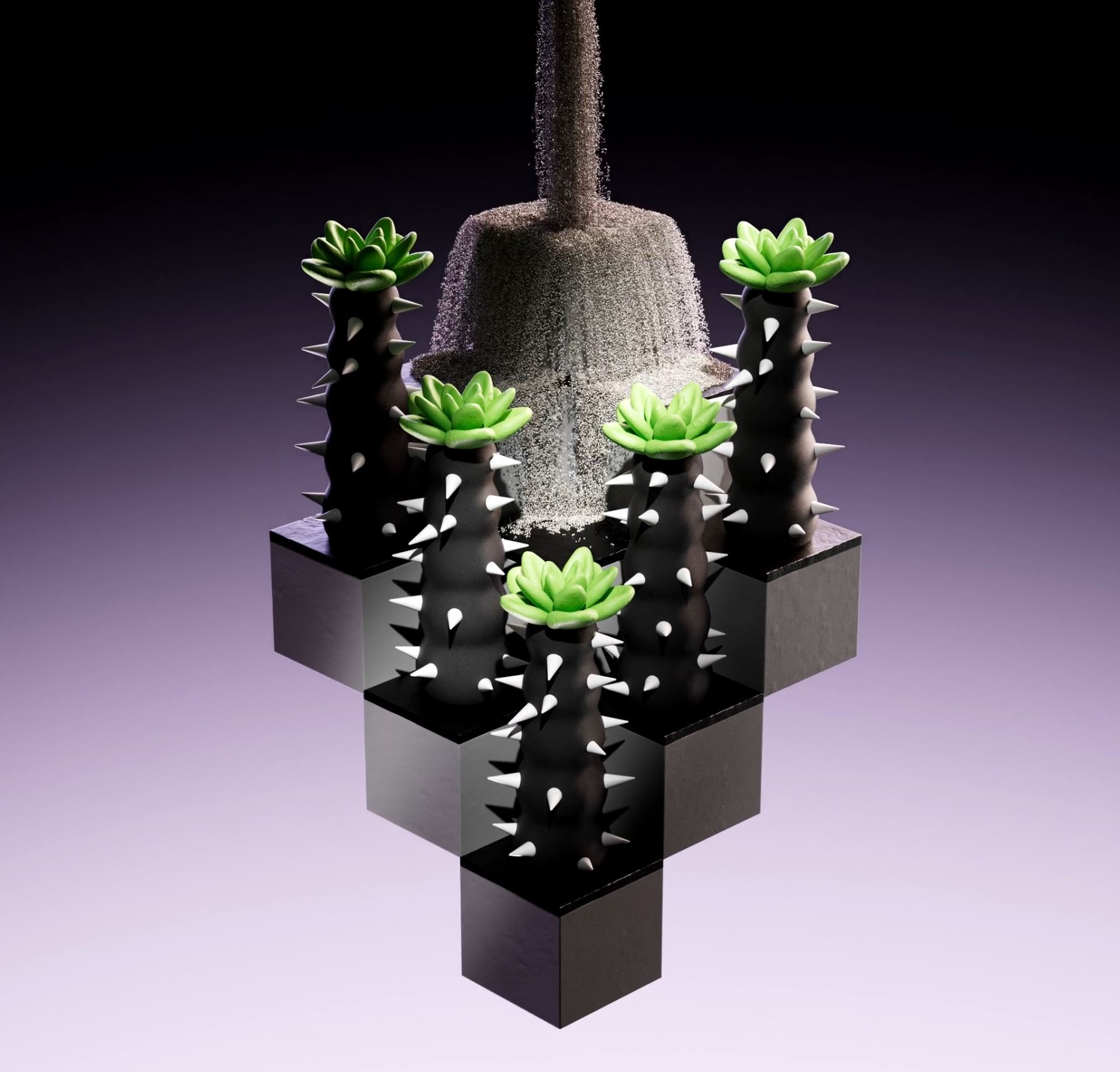 Black geometric planter with six cactus-like plants with green rosette tops, arranged in a cross pattern, against a gradient background.