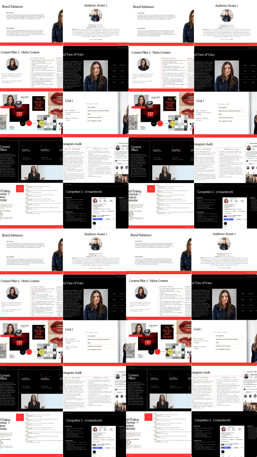 Collage of multiple screenshots of a website featuring a woman, text, and various design elements, arranged in a grid.
