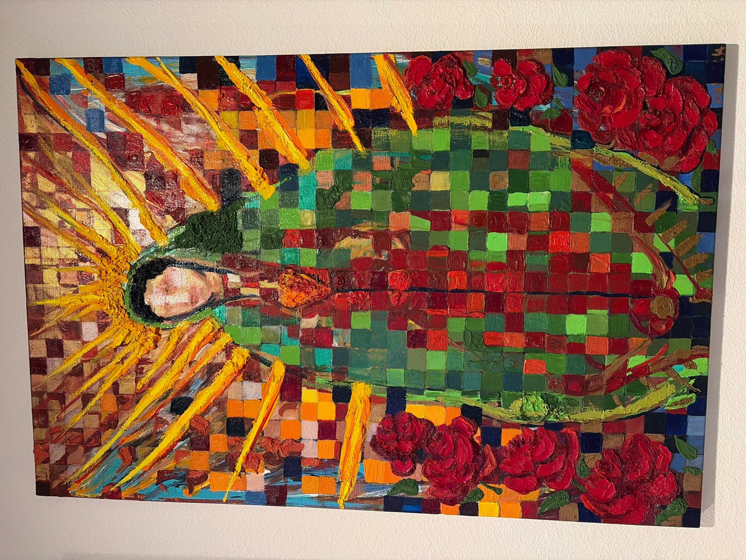 Mosaic-style artwork of a woman in a green dress surrounded by red roses and yellow sun rays.