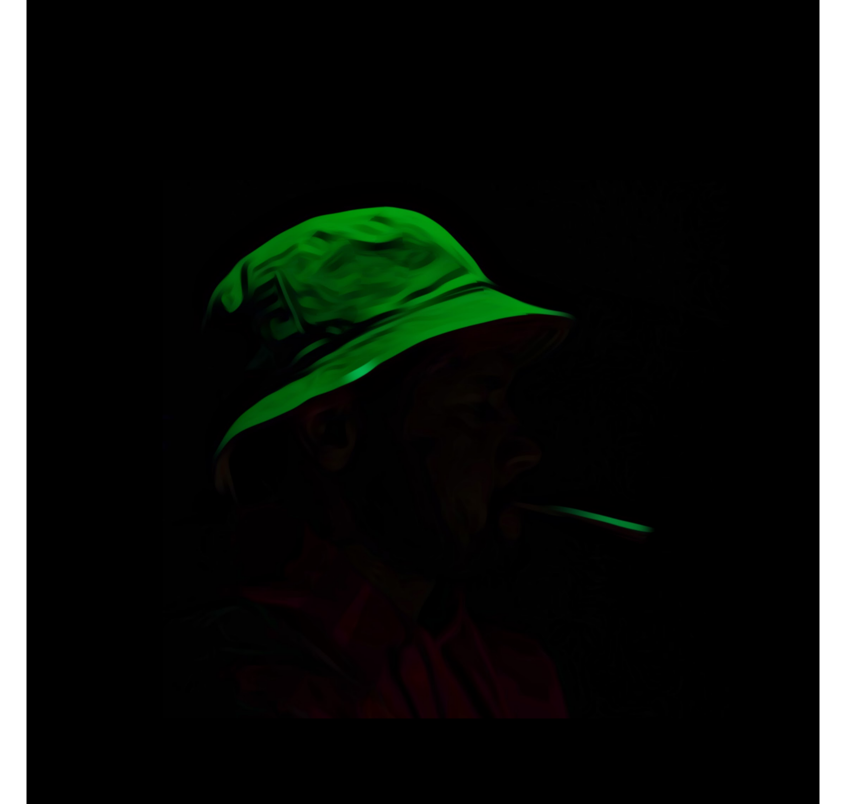 Person wearing a green hat with a wide brim, smoking a cigarette in darkness.