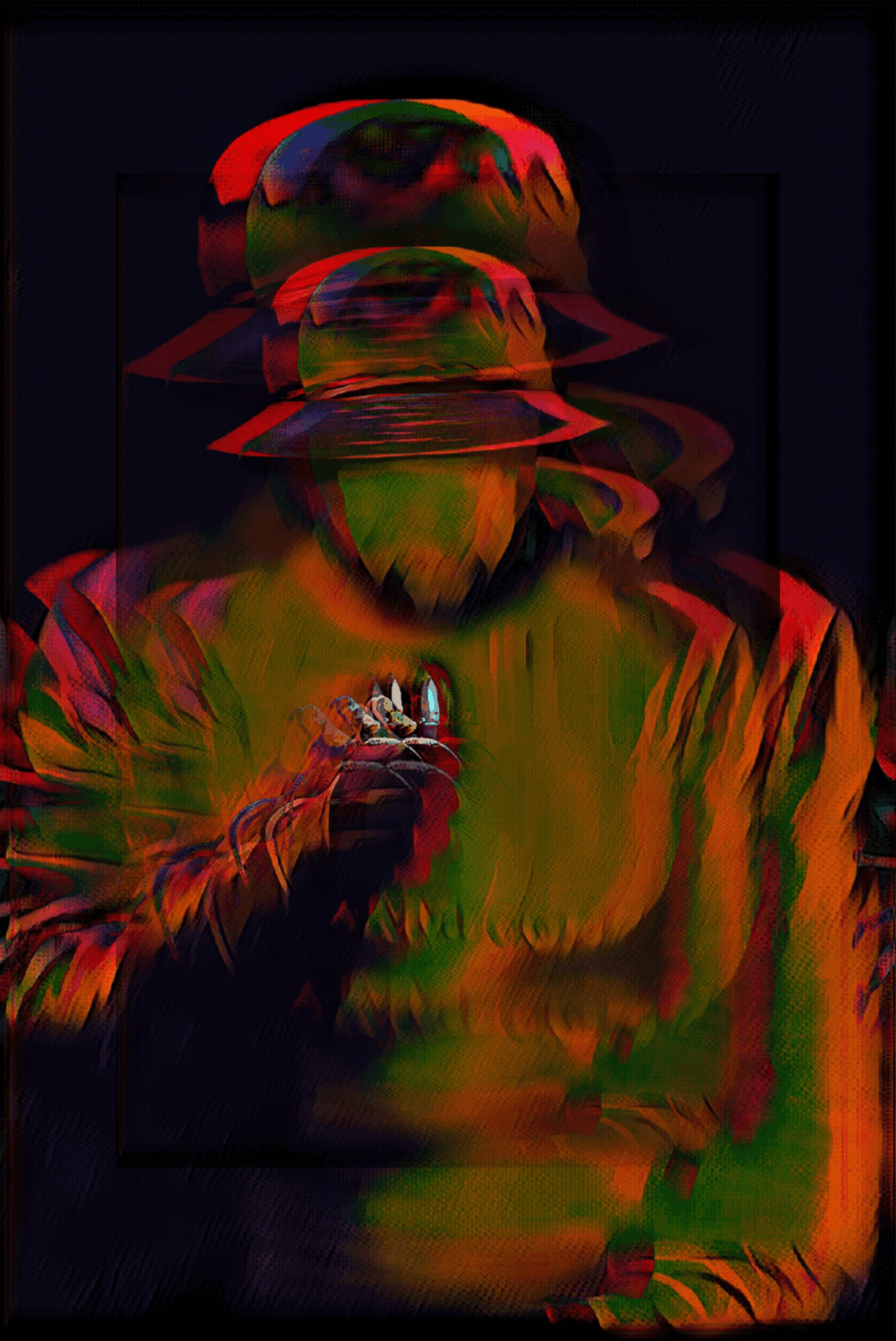 A distorted, colorful digital art portrait of a person wearing a hat and holding an object, with vibrant, swirling colors.