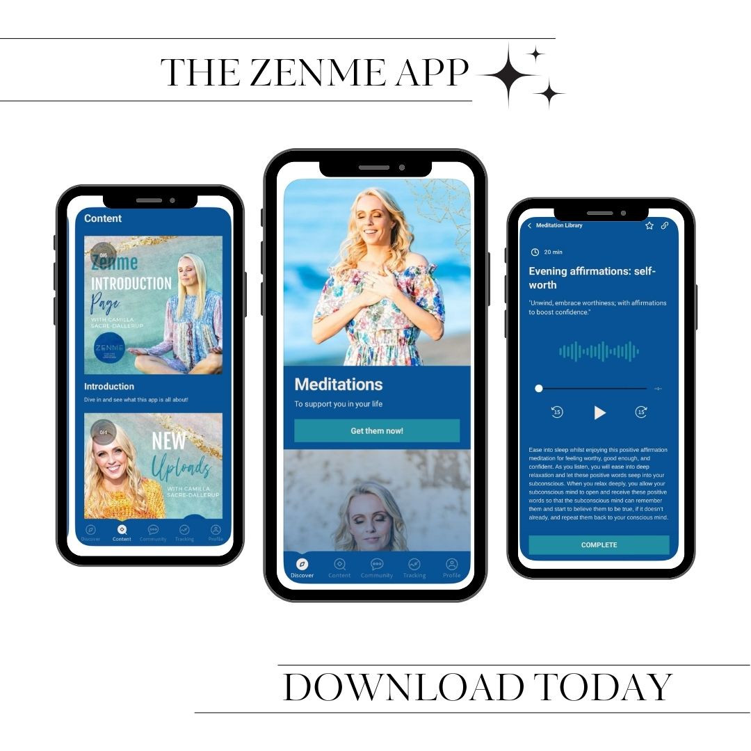 Three smartphones display Zenme app screens, including meditation content and audio, with text promoting download. White background with black text.