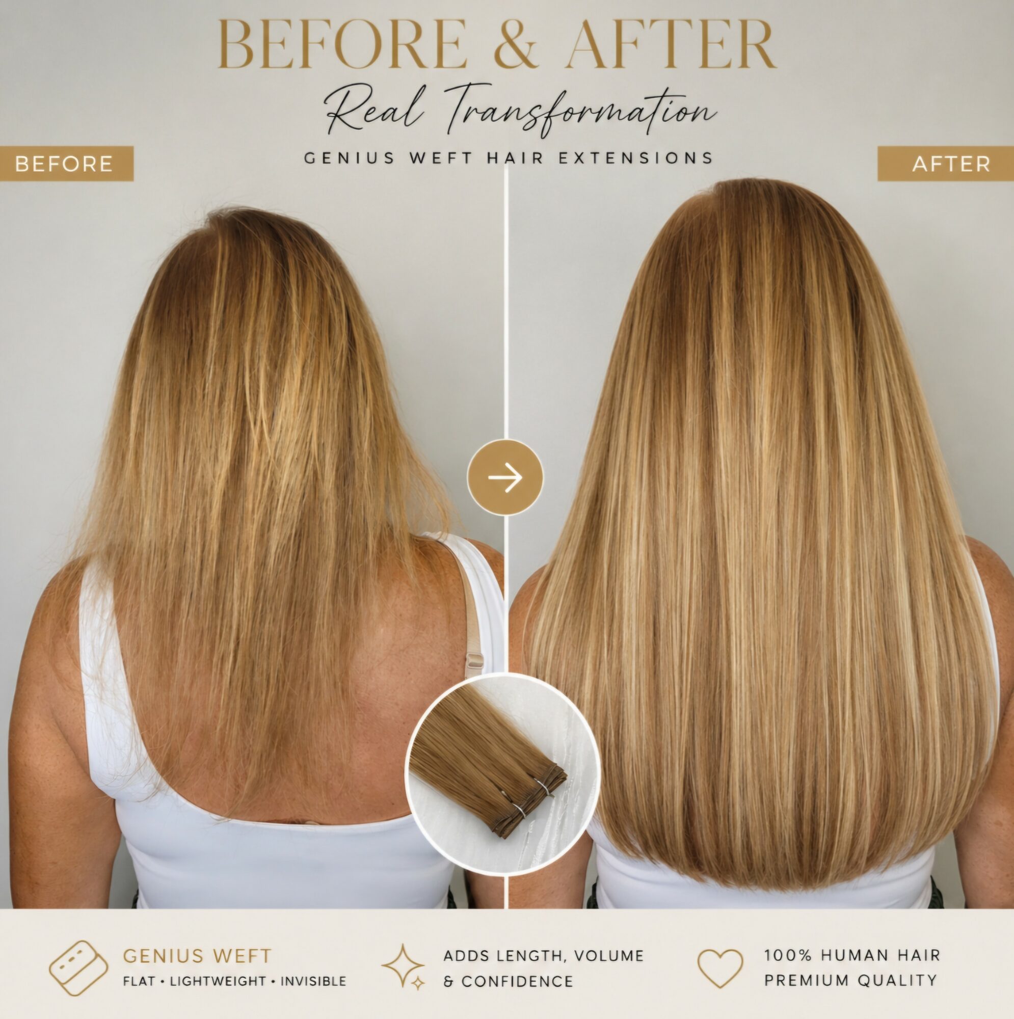 Comparison of before and after hair extension results showing smoother, longer, and shinier hair.