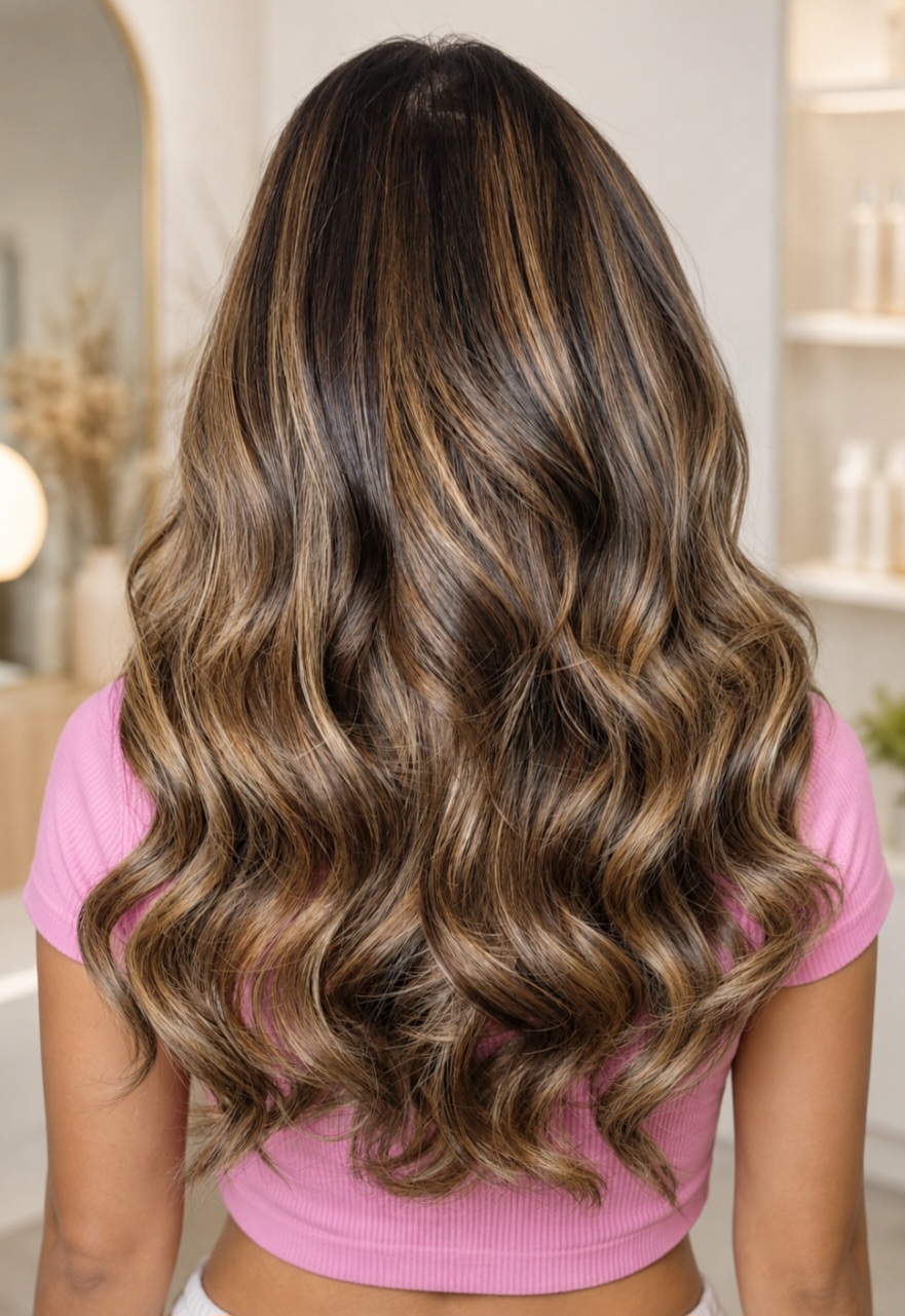 Back view of a woman with long, wavy, brown hair with highlights, wearing a pink top, in a bright room.