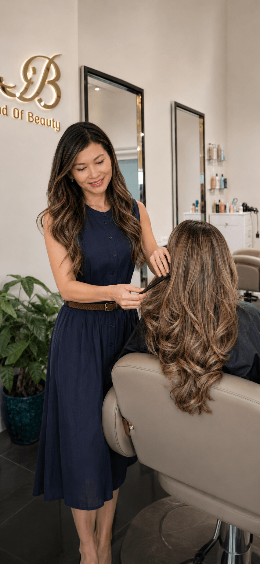 Woman with long wavy hair in a navy dress standing next to a seated person with long hair in a salon, smiling.