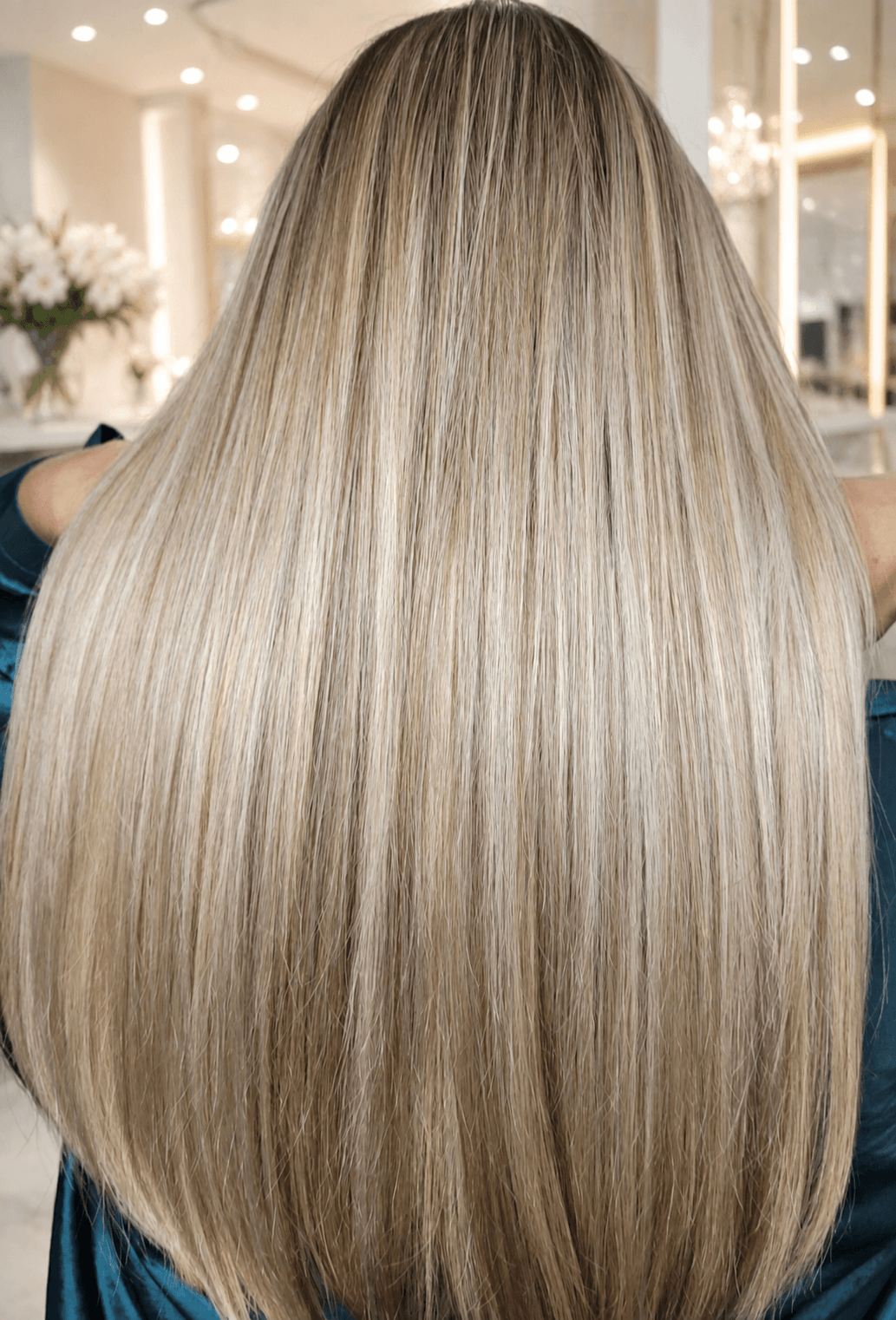 Back of a person with long, straight, blonde hair in a bright indoor setting.