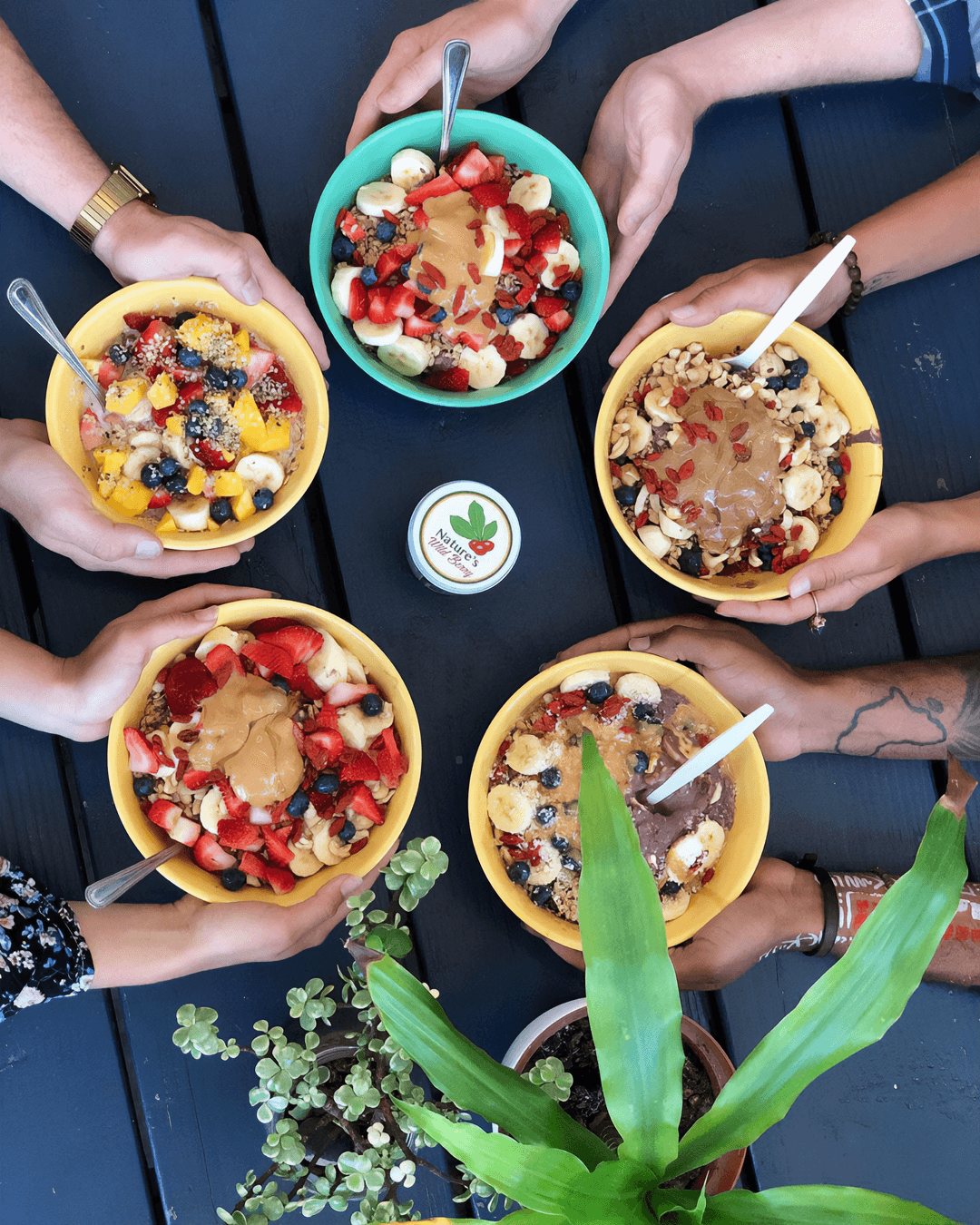 Six people hold colorful bowls of fruit and dessert around a table with a small plant in the center.