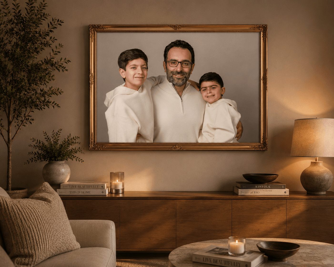 Family portrait of a man with two children in a gold frame on a wall, with a living room setting including a sofa, plants, and lamps.