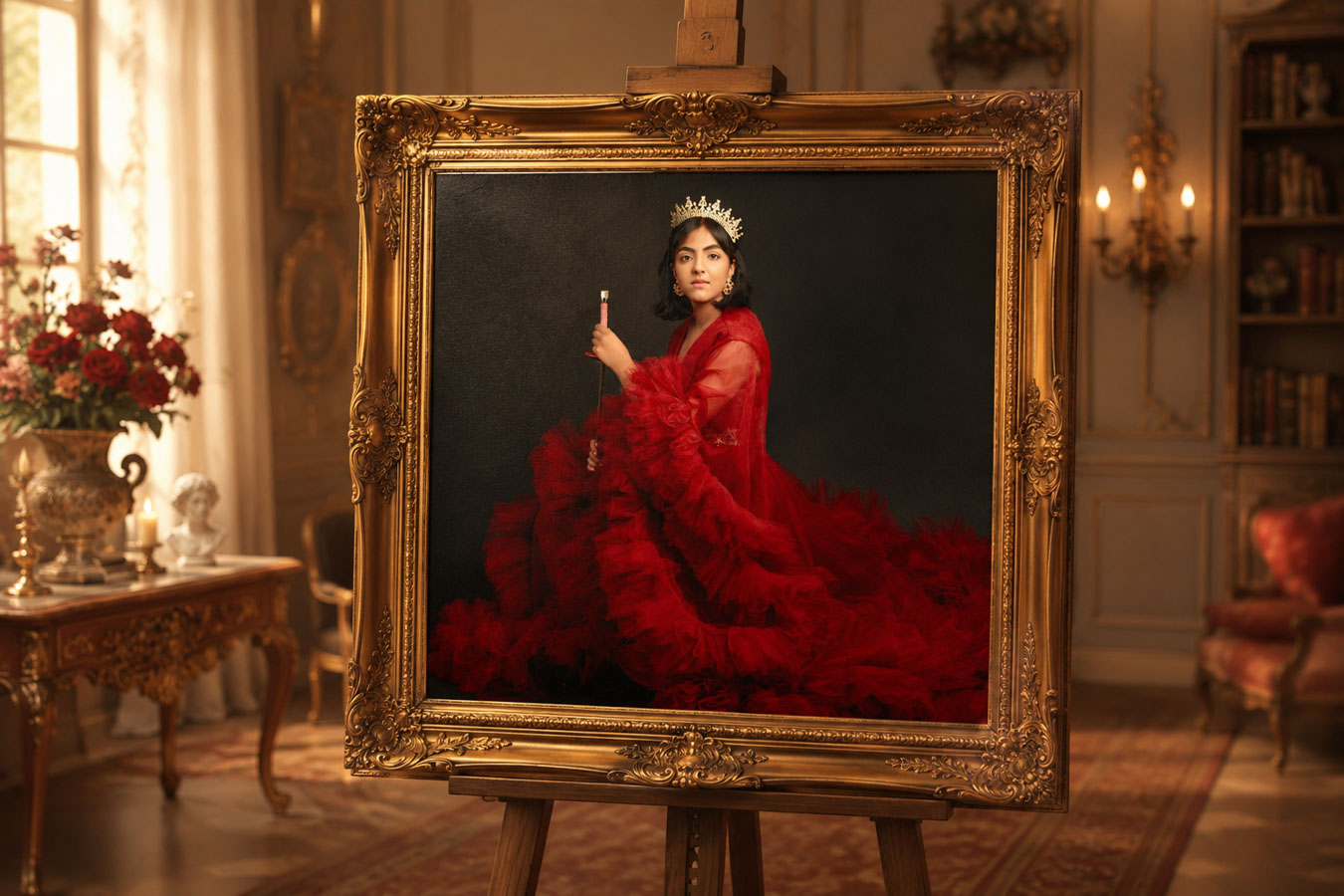 A woman dressed in red with a crown, sitting on the floor, holding a scepter, framed by a large ornate picture frame.