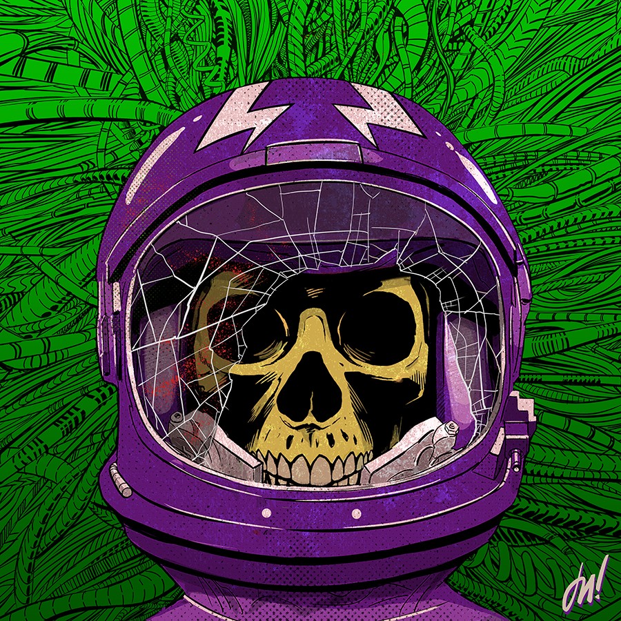 A skull inside a purple astronaut helmet with a cracked visor, set against a green leafy background.