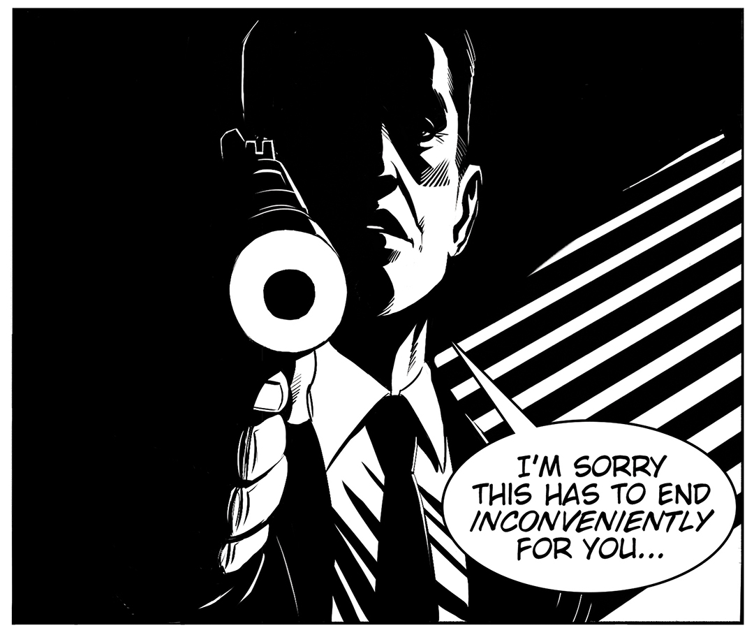 Black and white comic-style illustration of a person with a serious expression, holding a phone to their ear, with a speech bubble.