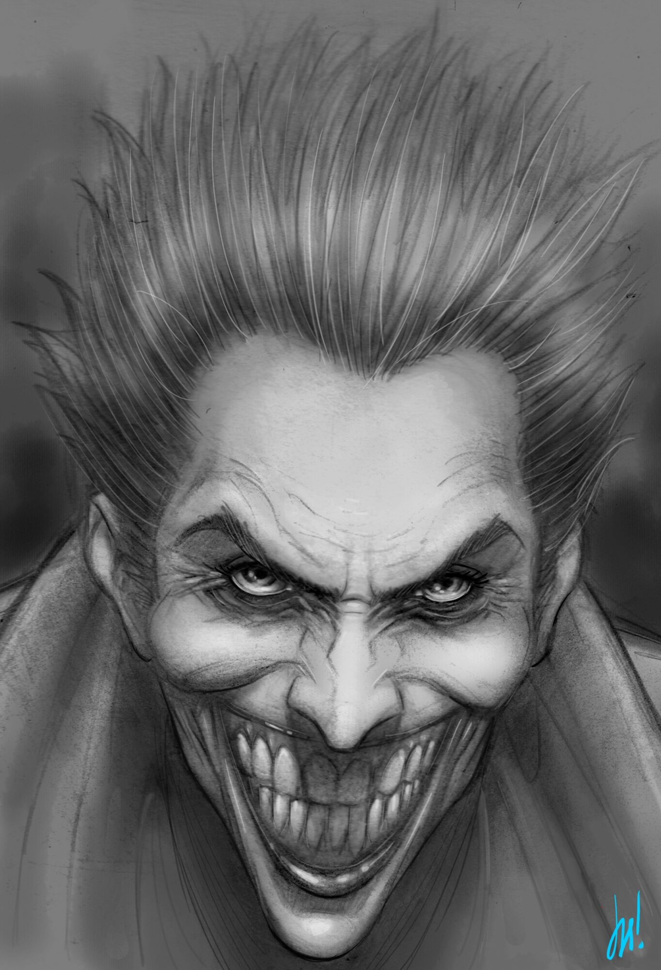 A sinister, grinning face with wild hair, exaggerated features, and sharp teeth, in black and white.