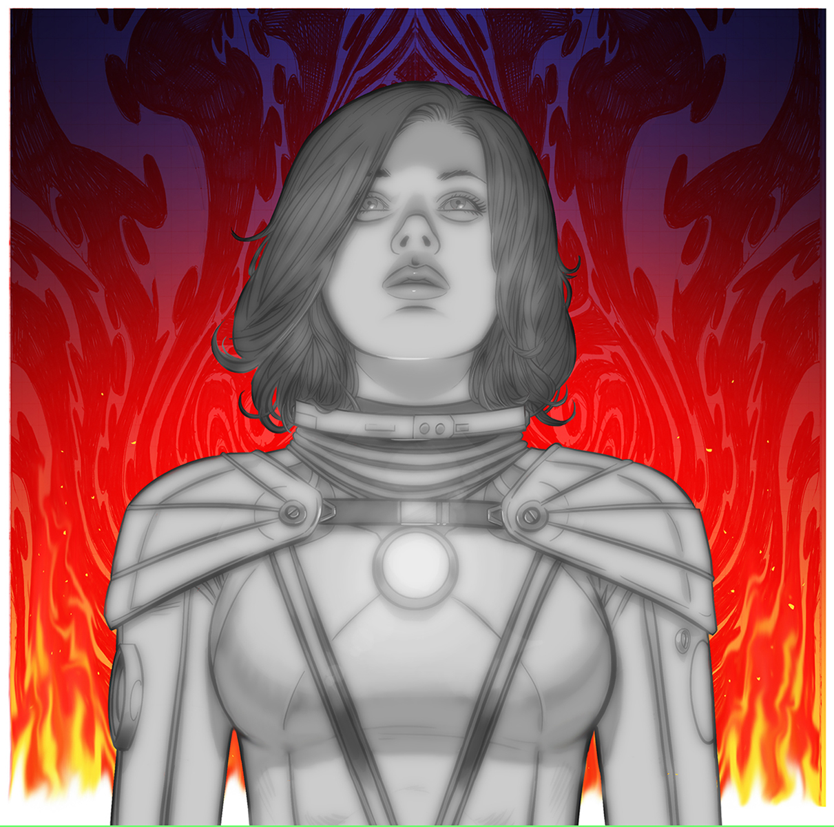 A woman with shoulder-length hair in a futuristic outfit, standing against a fiery red and orange background.