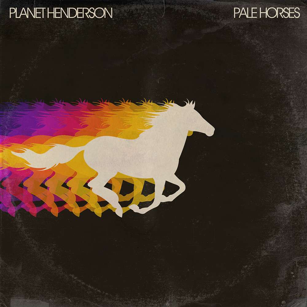 White horse silhouette with colorful layered shadows on black background, album cover for Planet Henderson's Pale Horses.