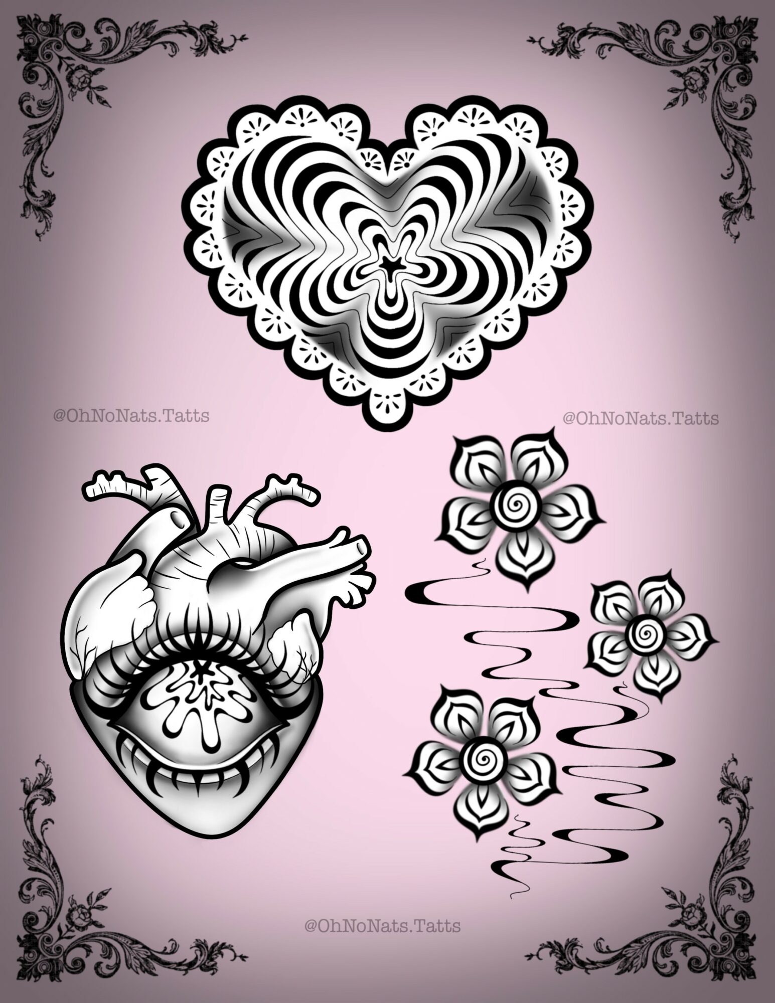 Heart-shaped black and white optical illusion with floral patterns and a smiling anatomical heart on a pink background with decorative borders.