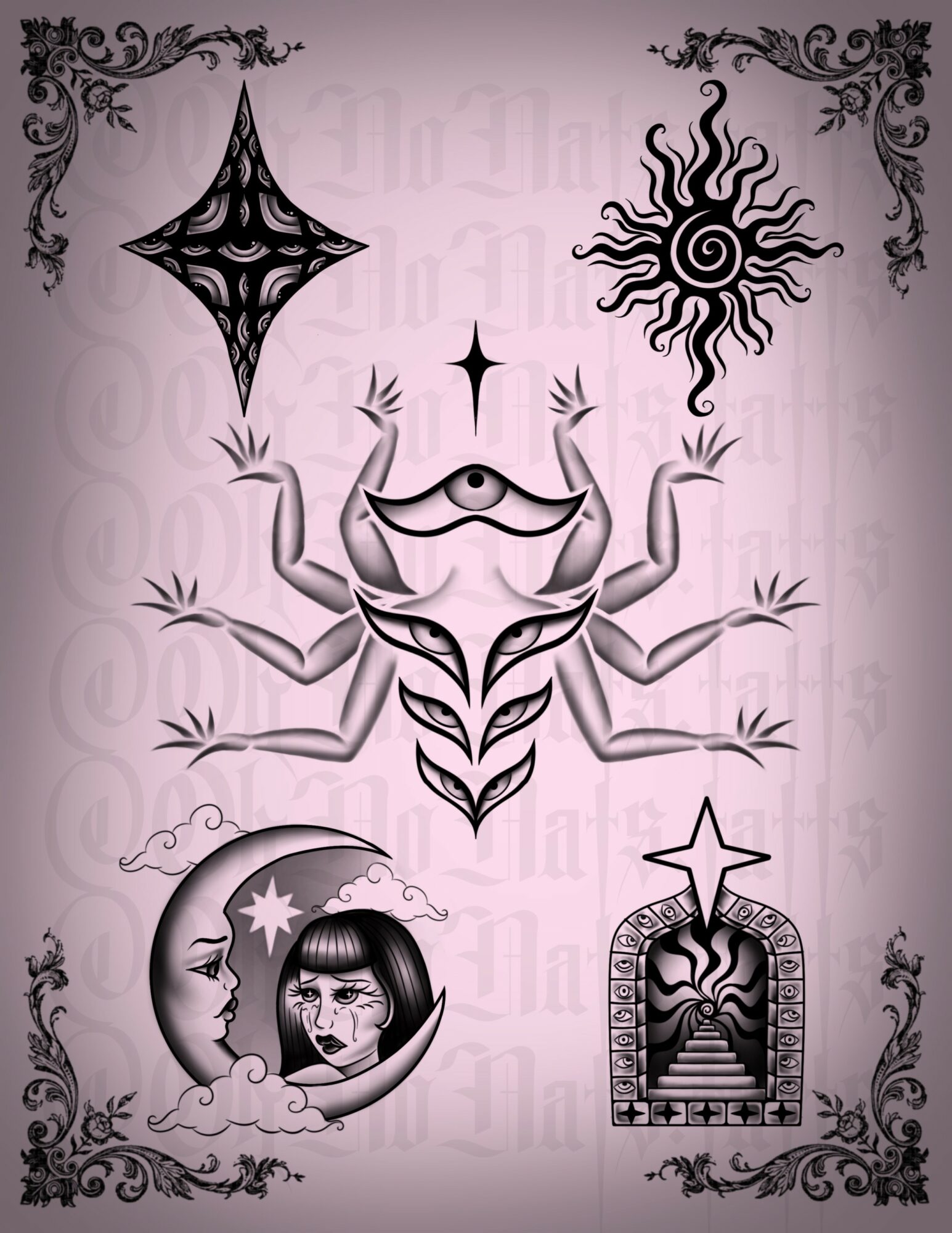 Multiple abstract symbols and a face with a moon and star, all in black and white on a pink background.