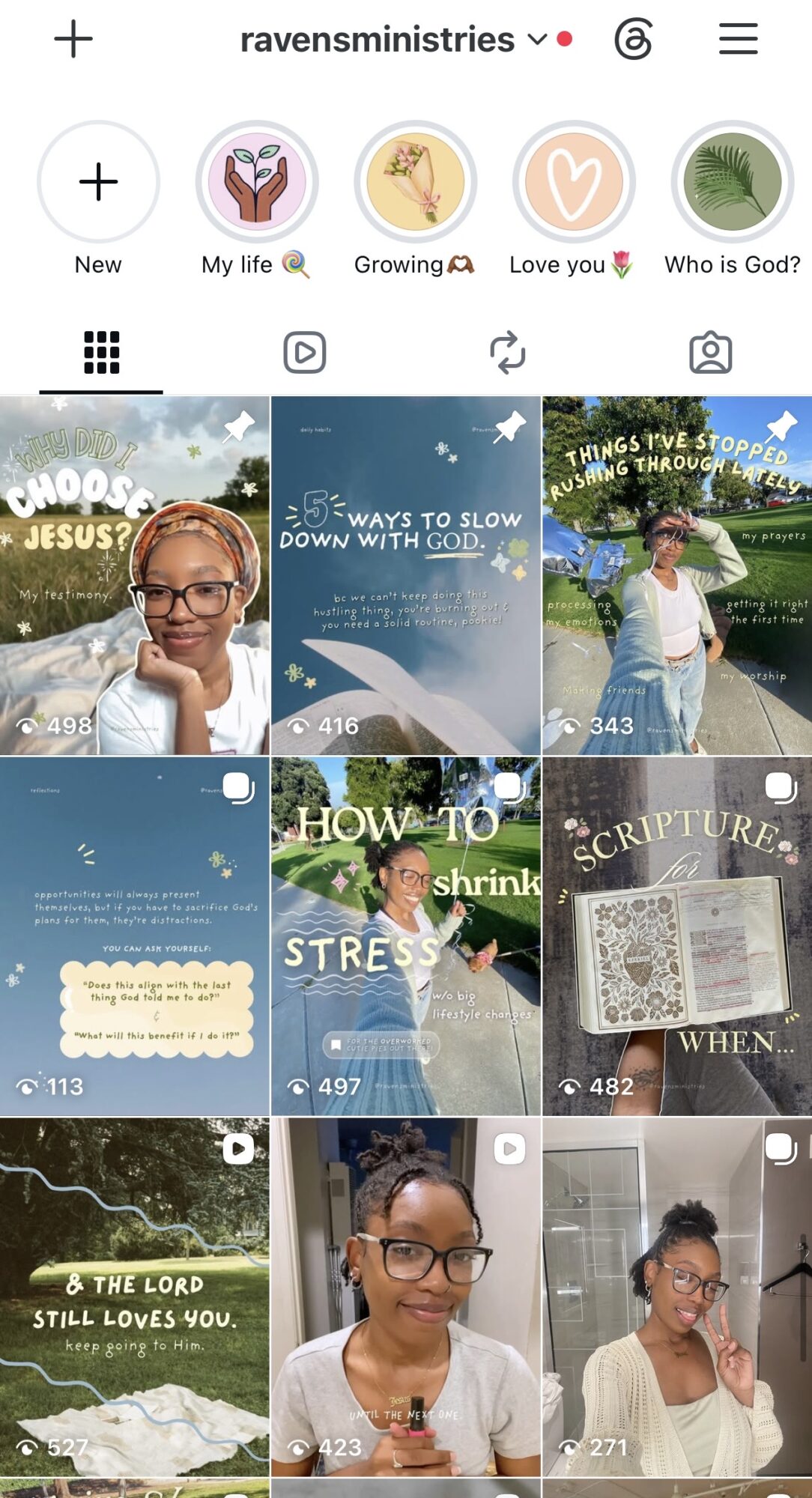 Screenshot of a mobile app with icons and posts, including a woman with glasses and a Bible verse.