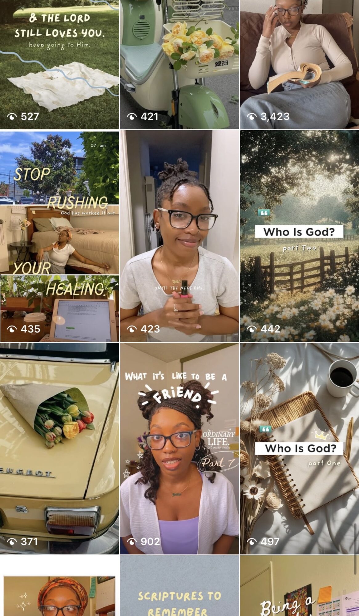 Collage of nine images including flowers, a person reading, a woman smiling, and text overlays.