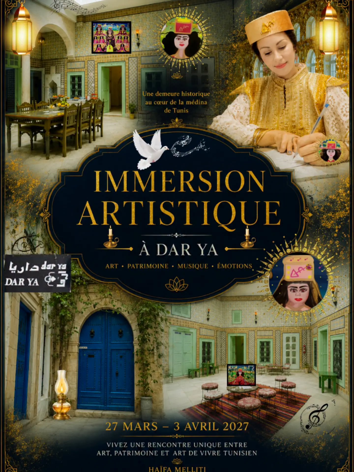 Event poster for artistic immersion event with images of a woman in traditional attire, interior scenes, and event details.